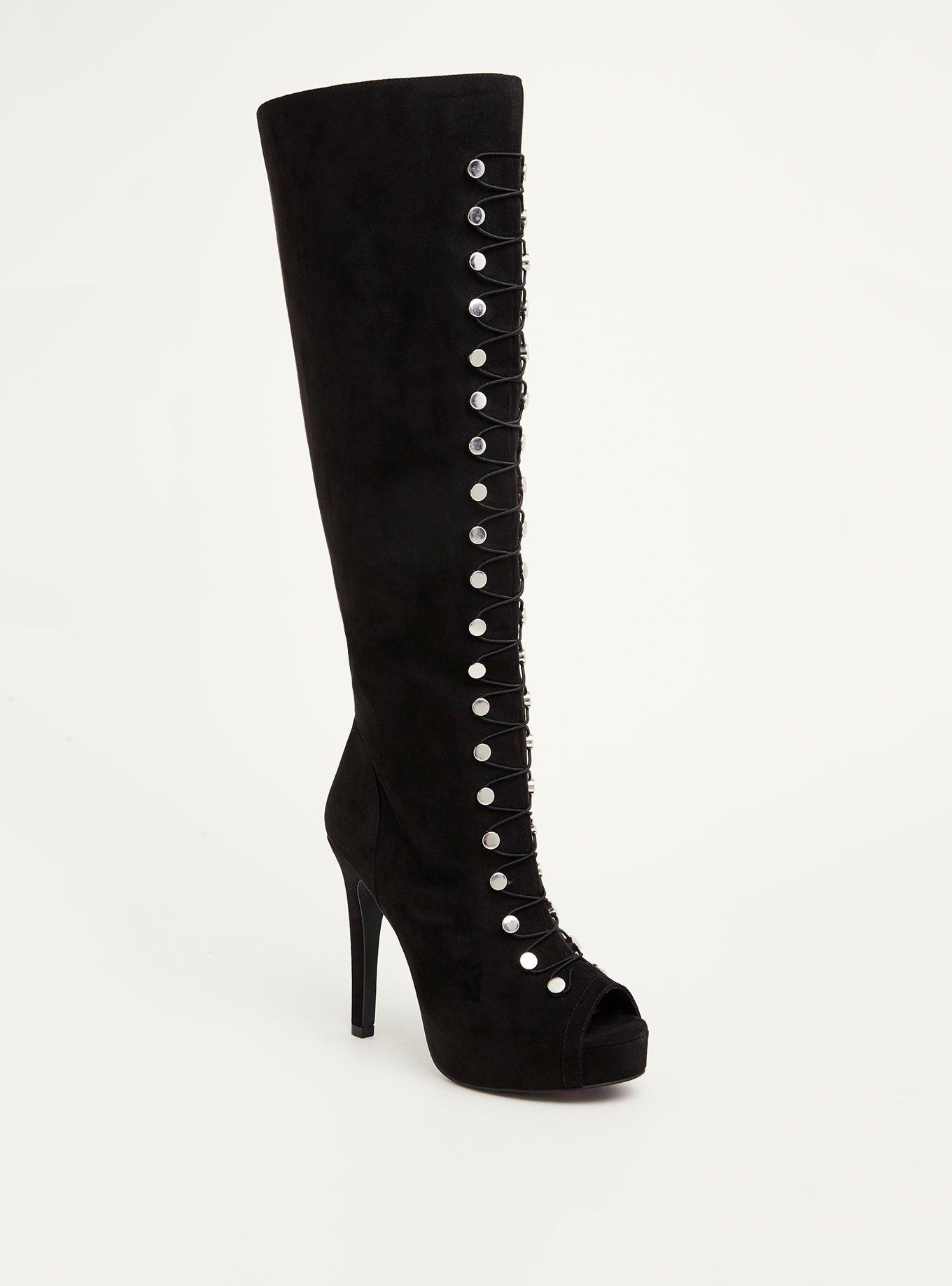 Plus size peep clearance toe thigh high boots