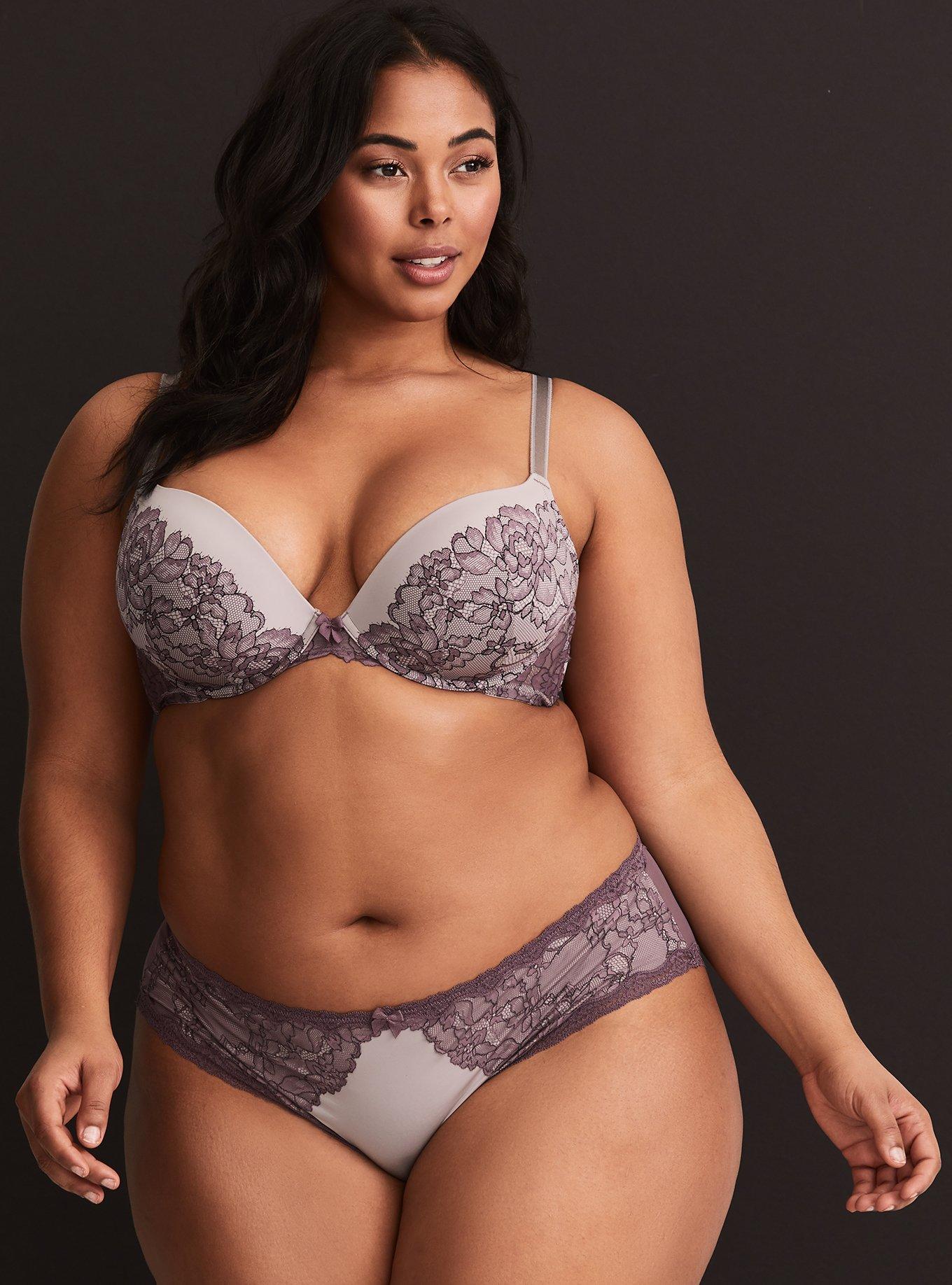 Plus Size Black Plum Floral Push Up Plunge bra, DITSY SKULL, alternate