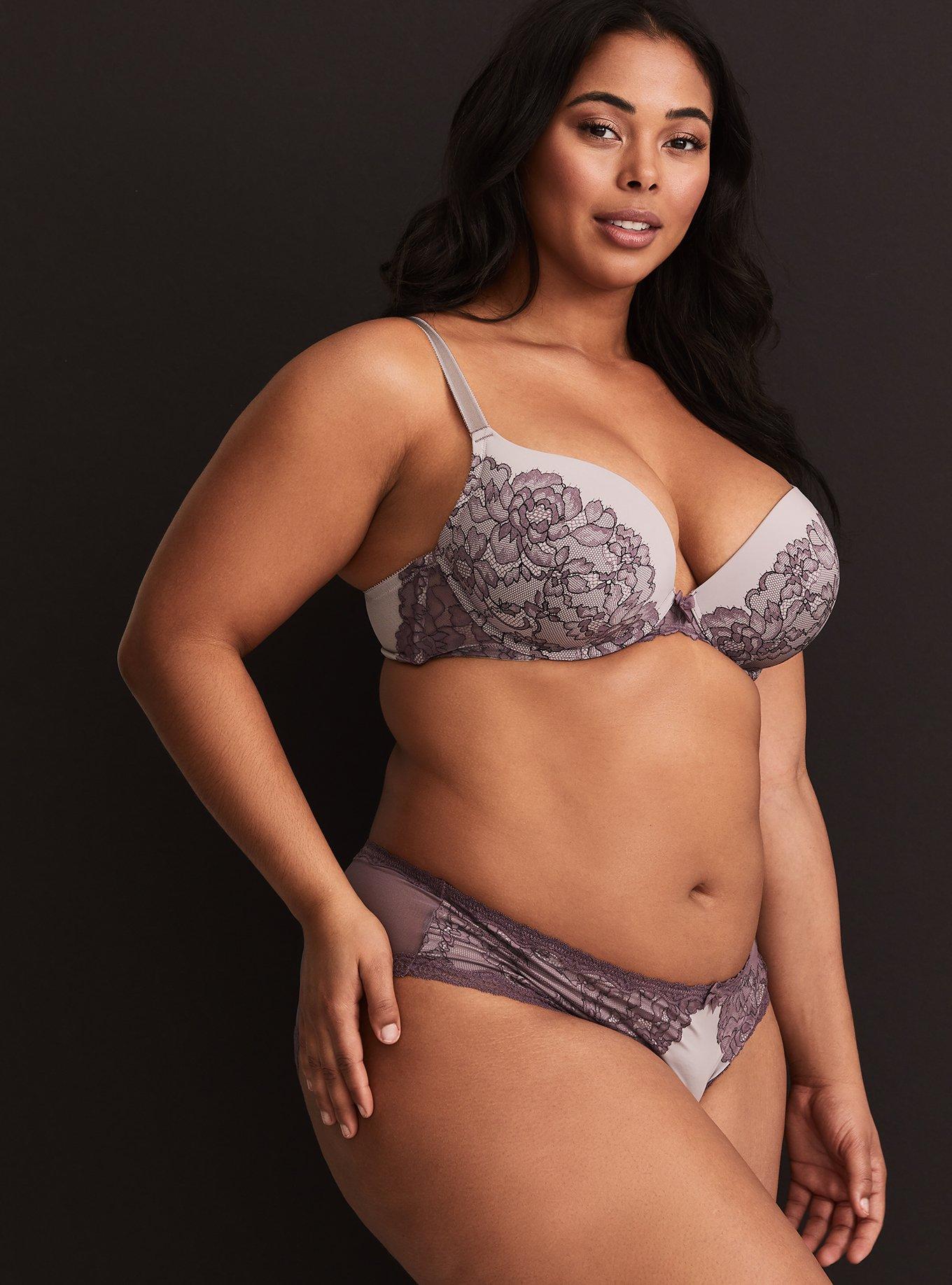 Plus Size Black Plum Floral Push Up Plunge bra, DITSY SKULL, alternate