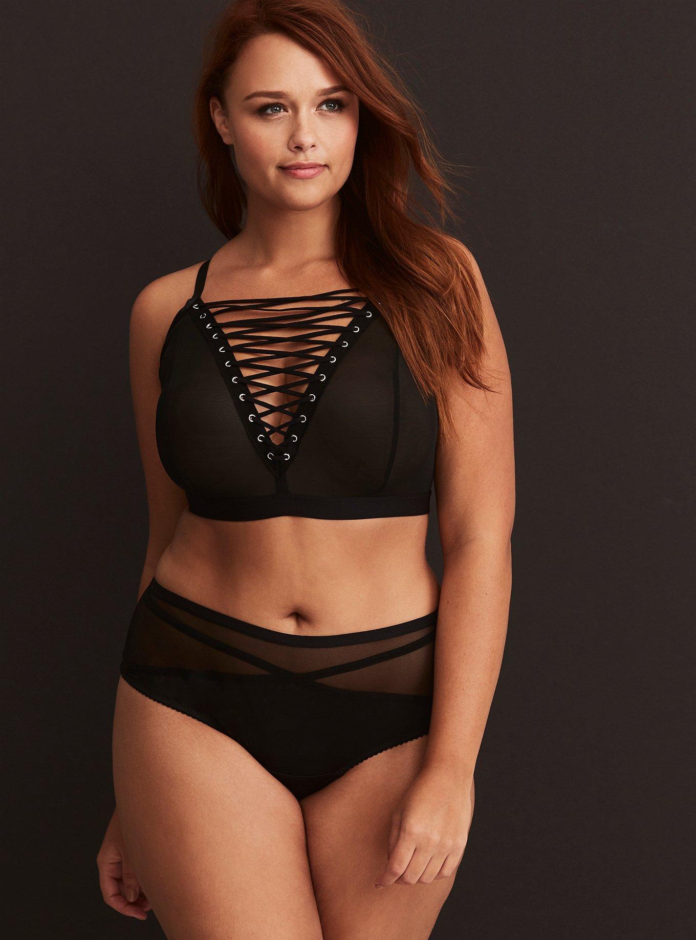 Lace Up Grommet Mesh Bralette, RICH BLACK, alternate