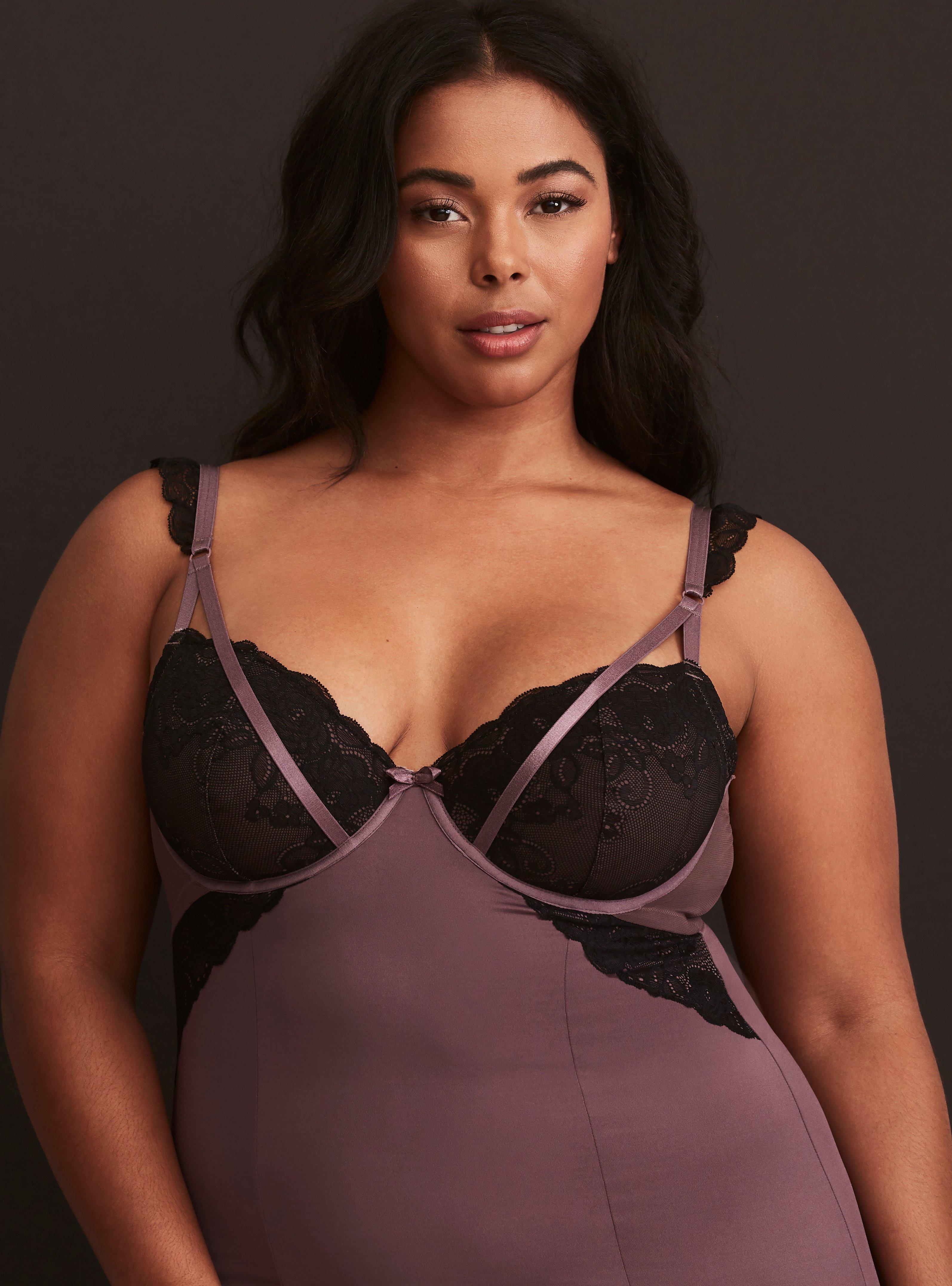 Lace & Microfiber Underwire Bodycon Chemise, PLUM, alternate