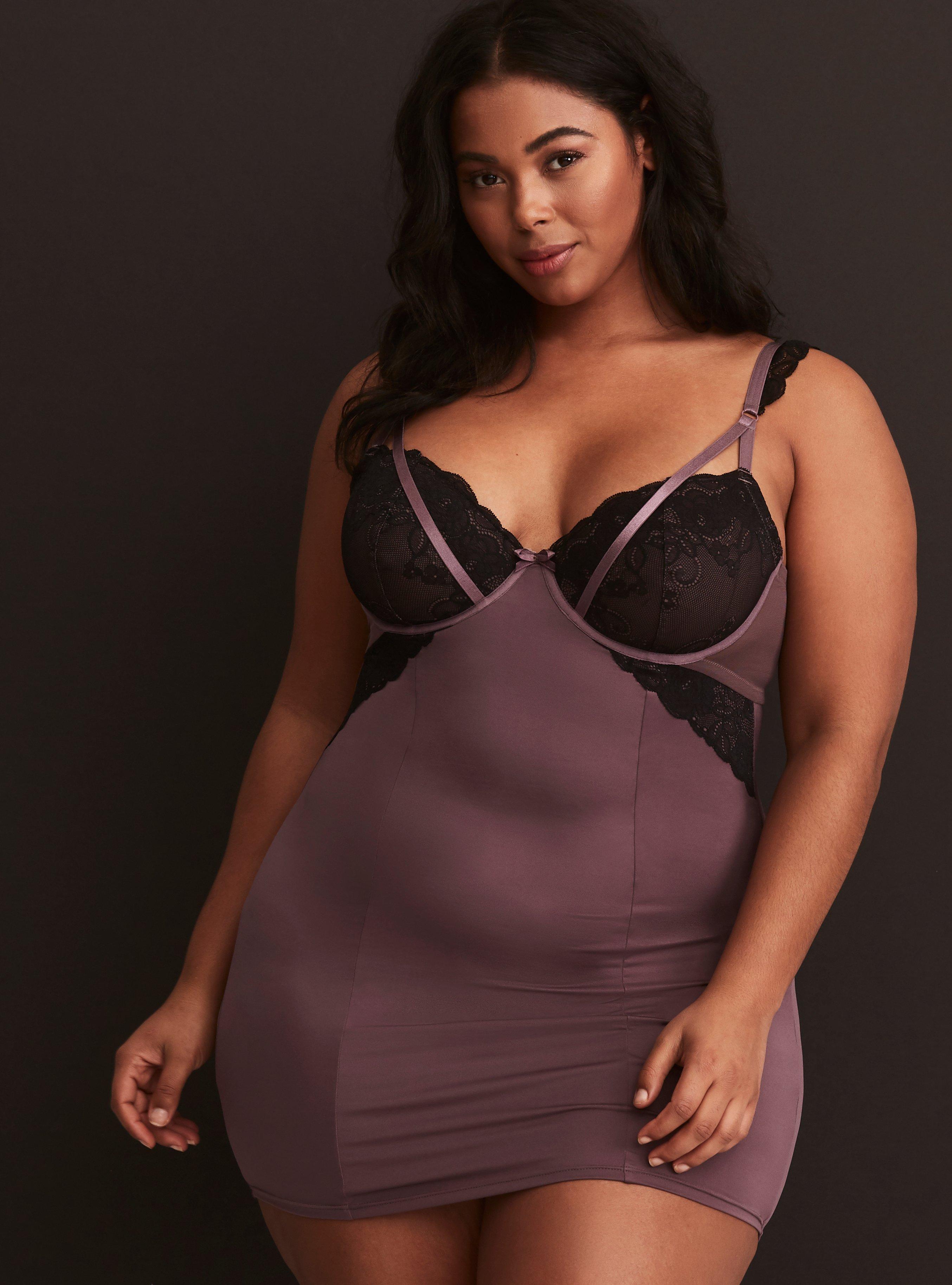 Lace & Microfiber Underwire Bodycon Chemise, PLUM, hi-res