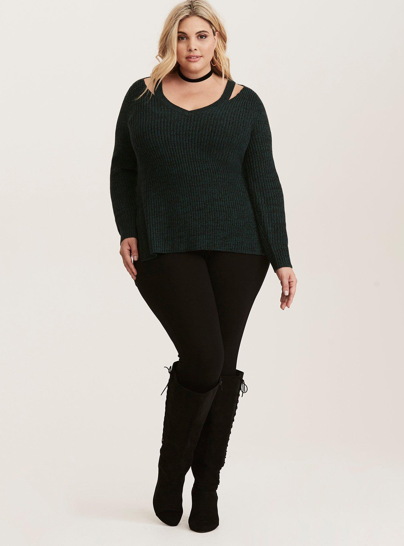 Plus Size Pullover Split Neck Sweater, GREEN, alternate