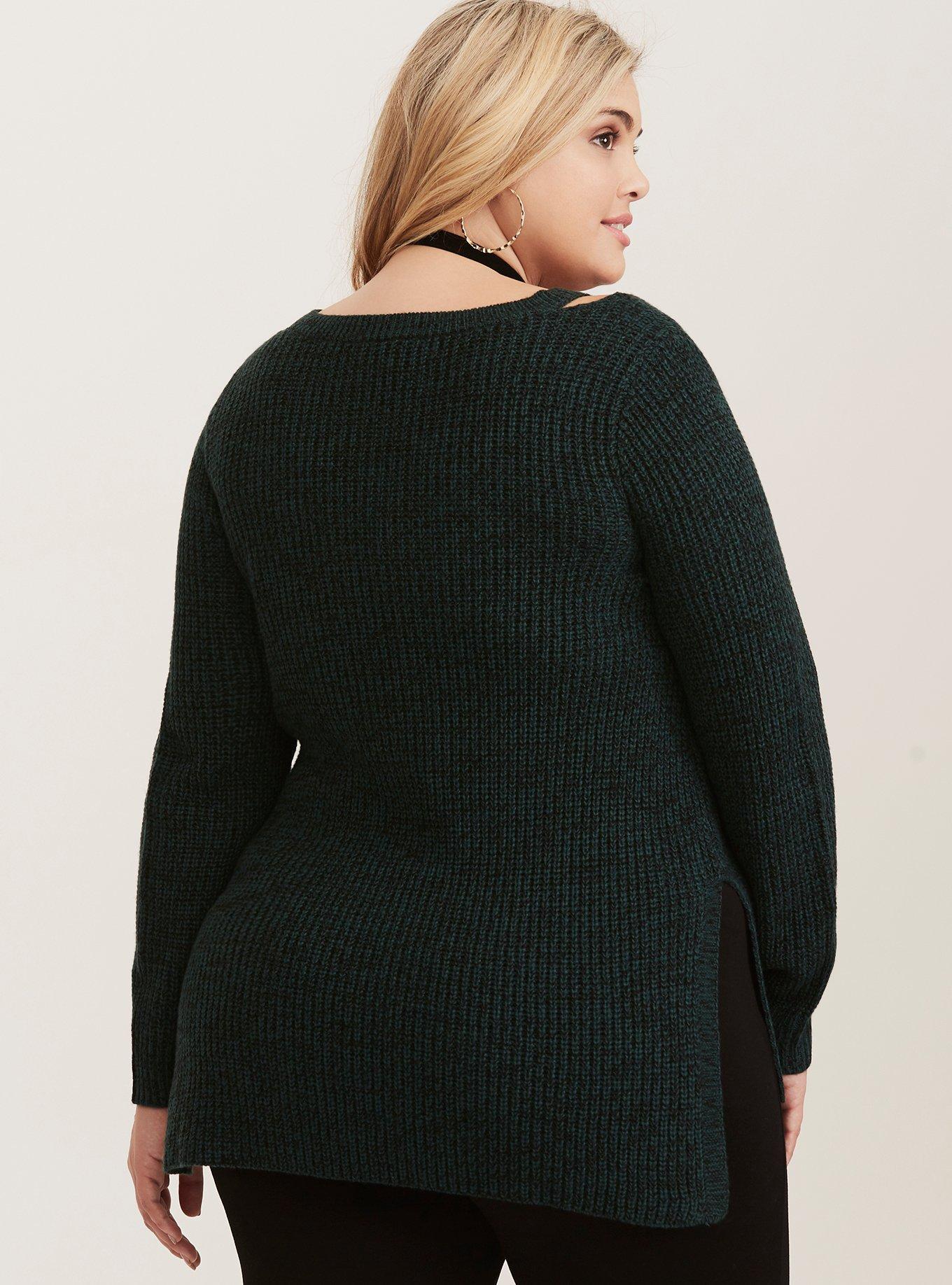 Plus Size Pullover Split Neck Sweater, GREEN, alternate