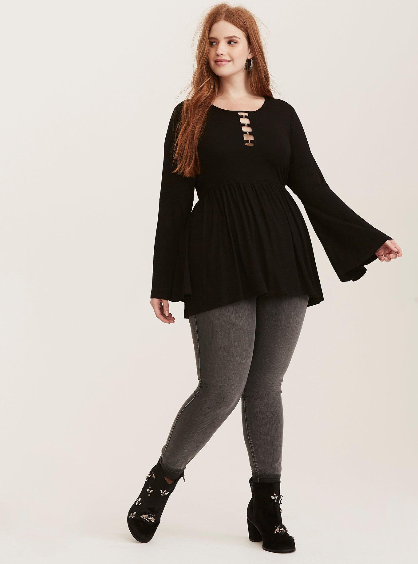 Super Soft Crew Neck O-Ring Babydoll Tunic Top, BLACK, alternate