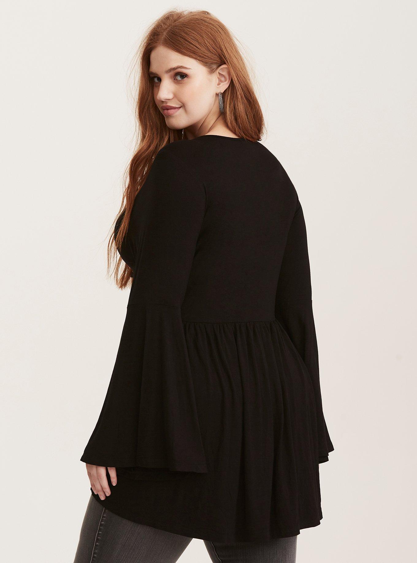 Super Soft Crew Neck O-Ring Babydoll Tunic Top, BLACK, alternate