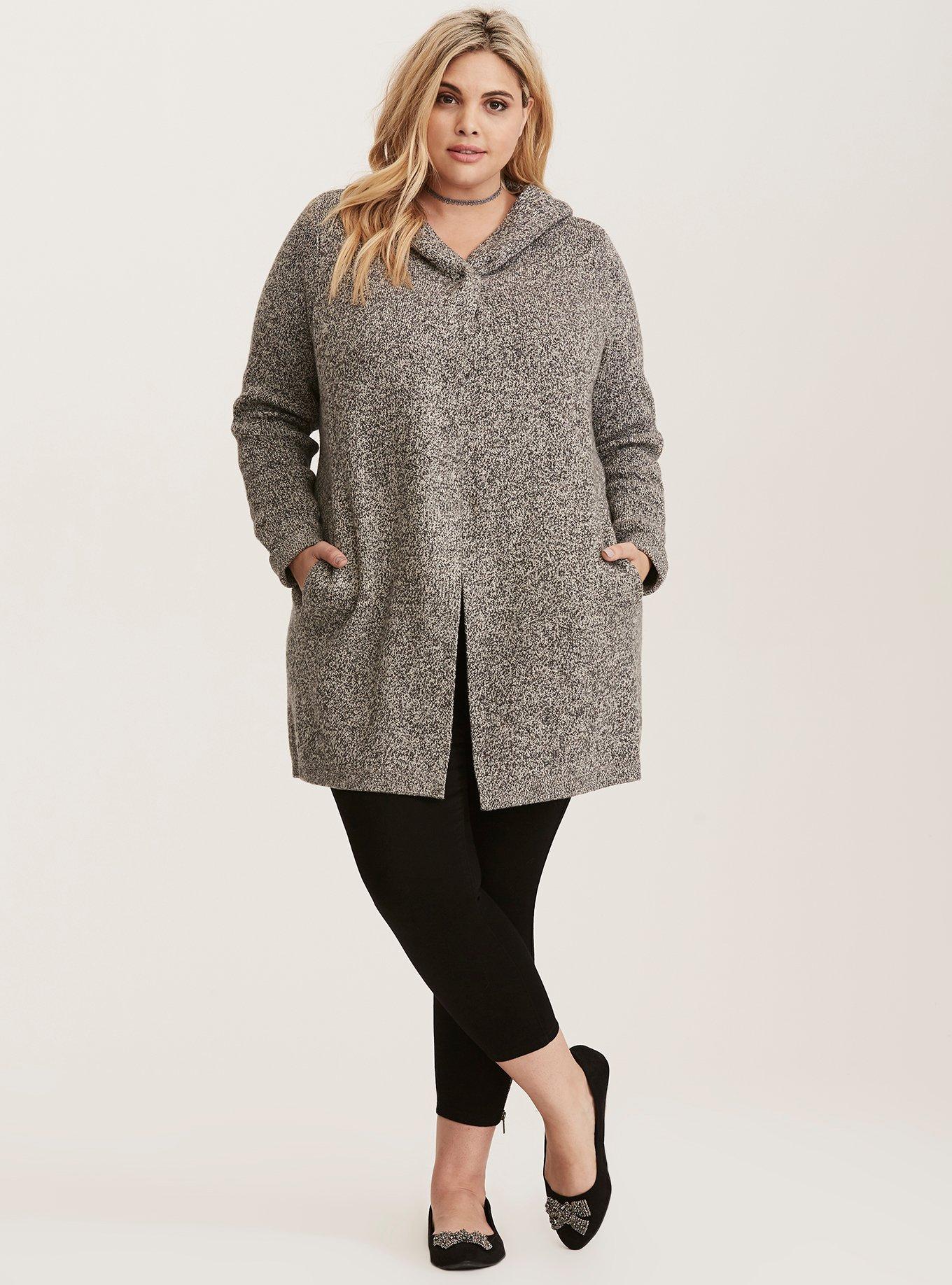 Plus Size Marled Knit Hooded Sweater Coat, GREY, alternate
