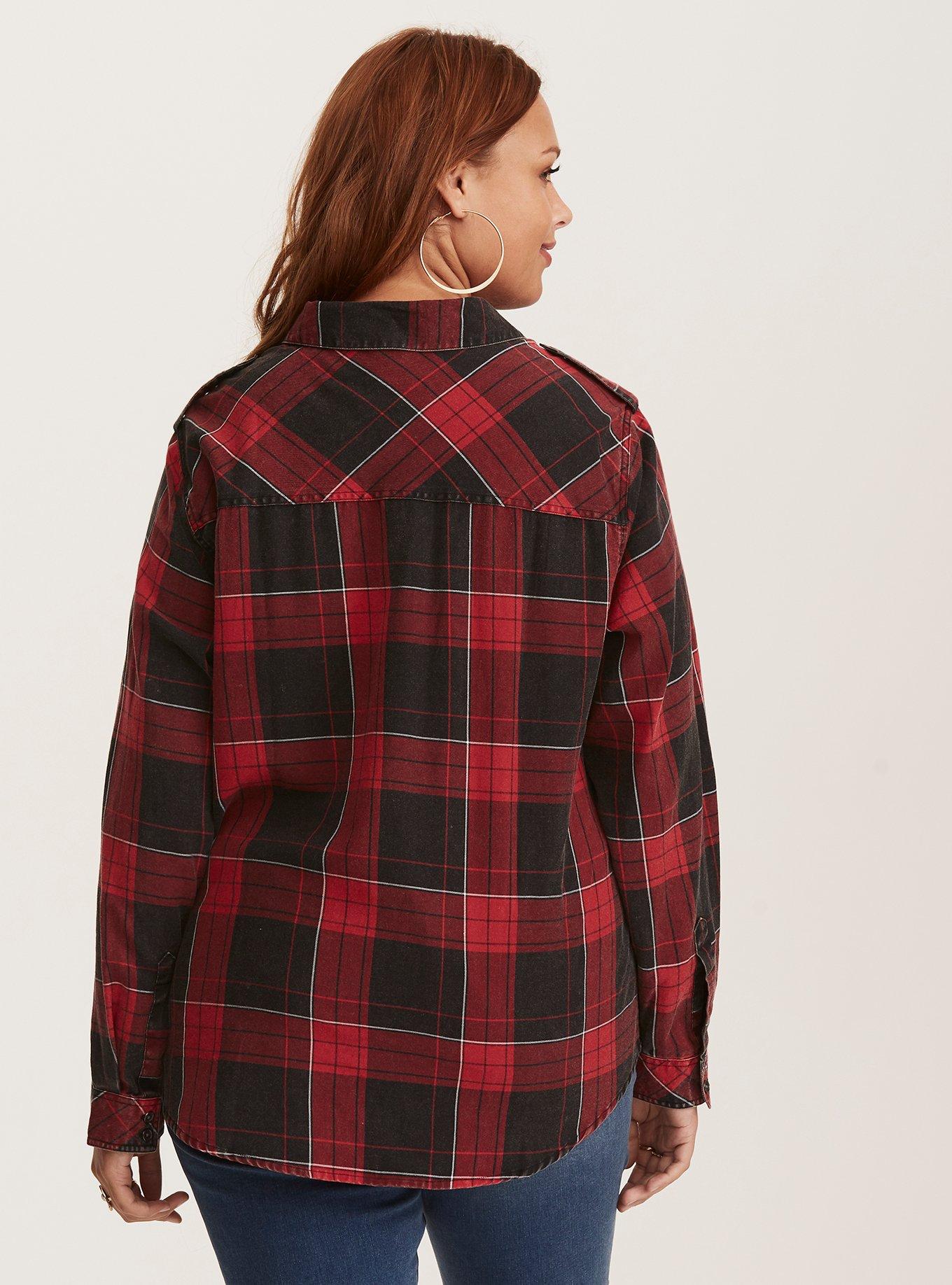 Plus Size - Taylor - Red Black Plaid Cotton Camp Shirt - Torrid