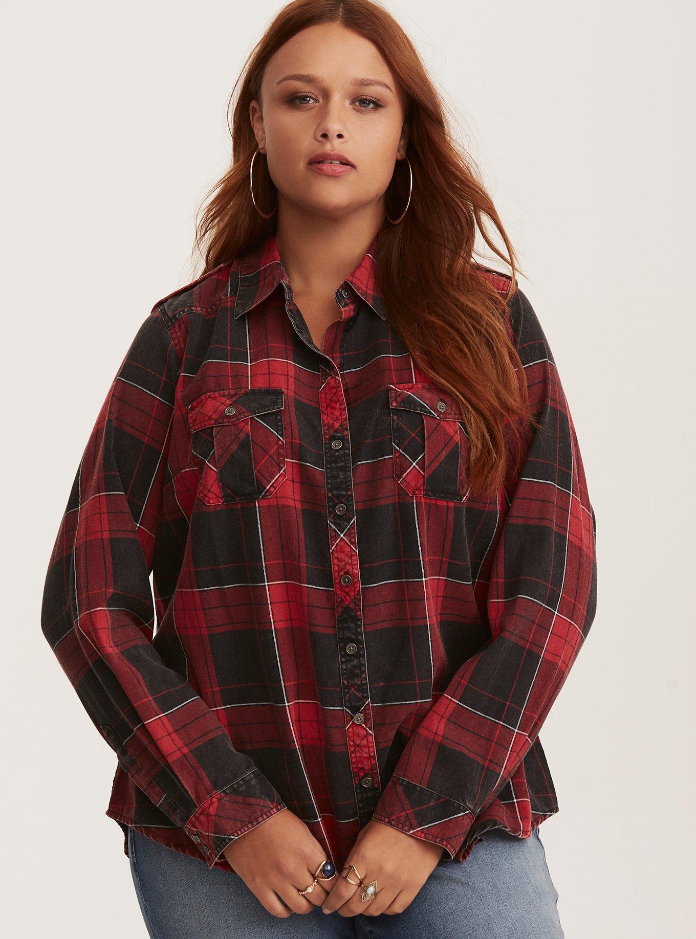 Plus Size - Taylor - Red Black Plaid Cotton Camp Shirt - Torrid