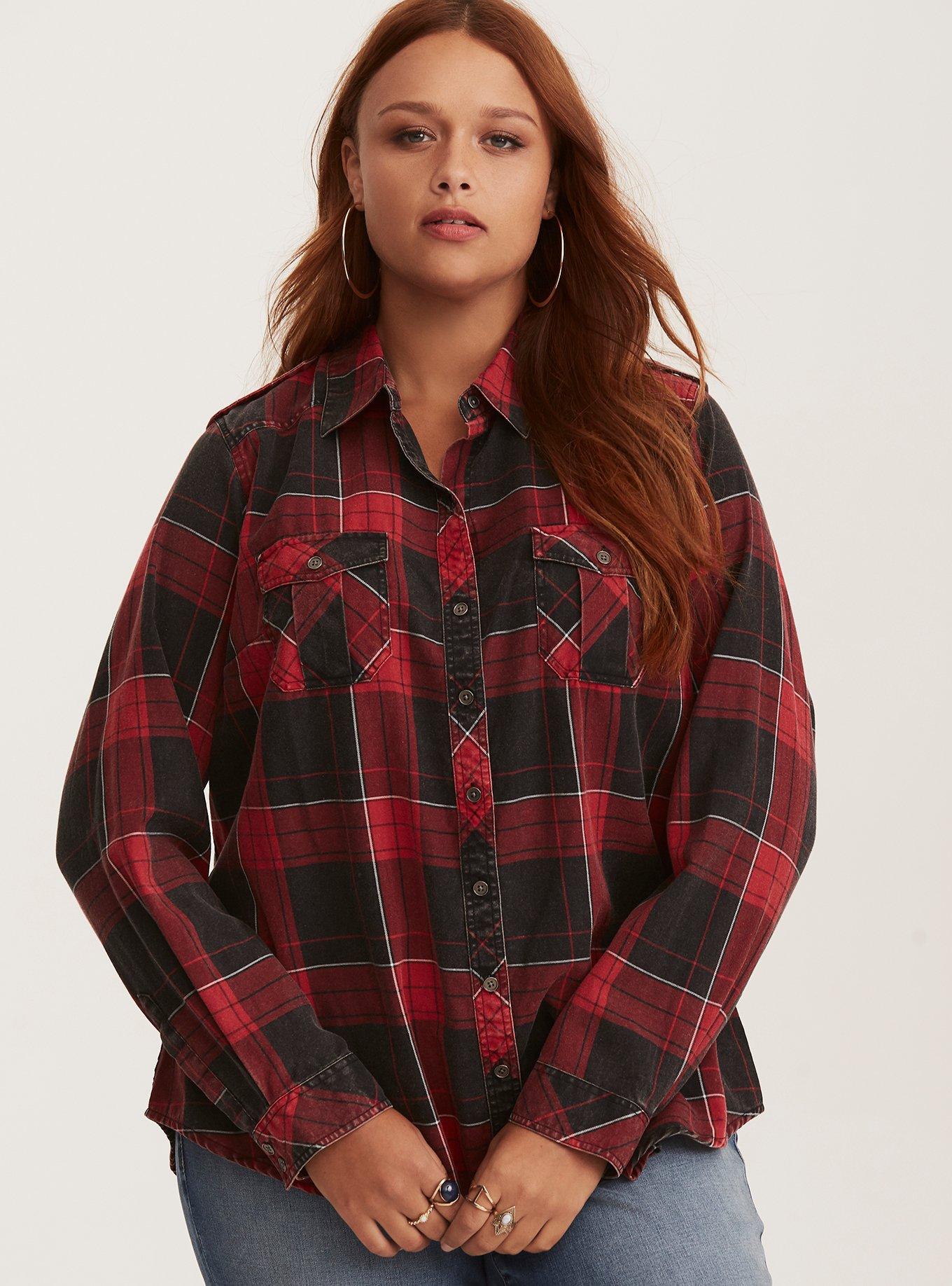Plus Size Taylor - Red Black Plaid Cotton Camp Shirt, , hi-res