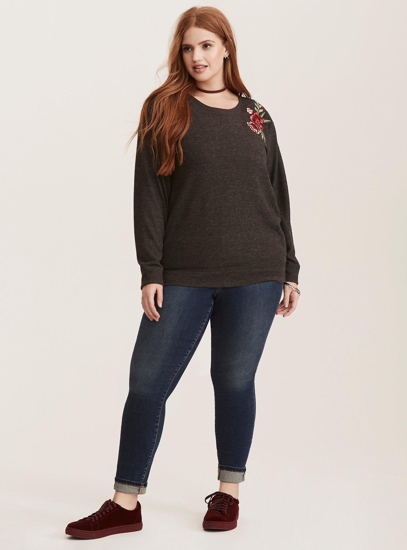 Plus Size Grey Rose Patch Hacci Sweatshirt Torrid