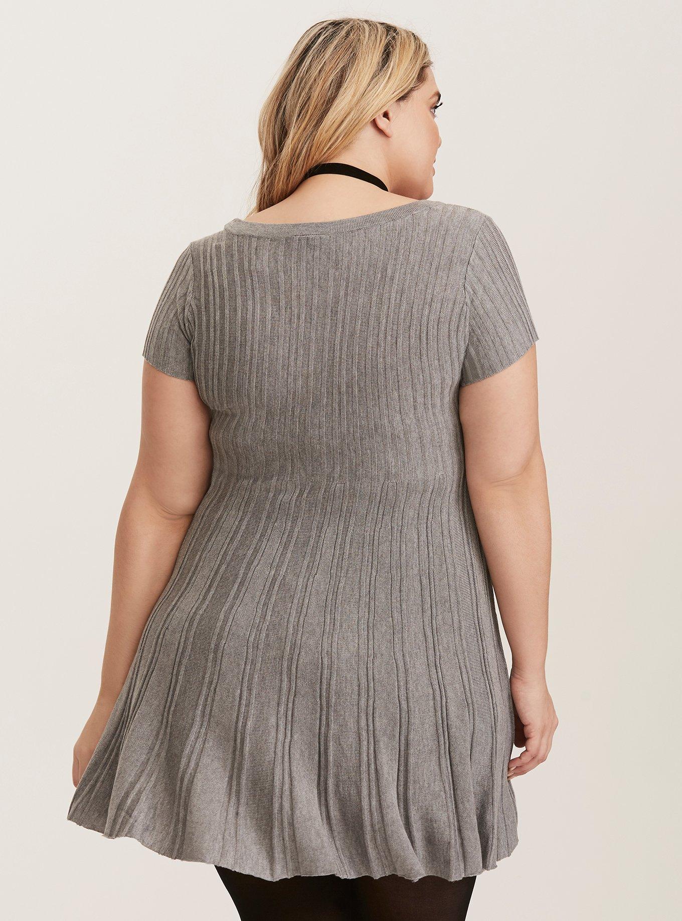Plus Size Grey Sweater Knit Fluted Skater Dress, HEATHER GREY, alternate