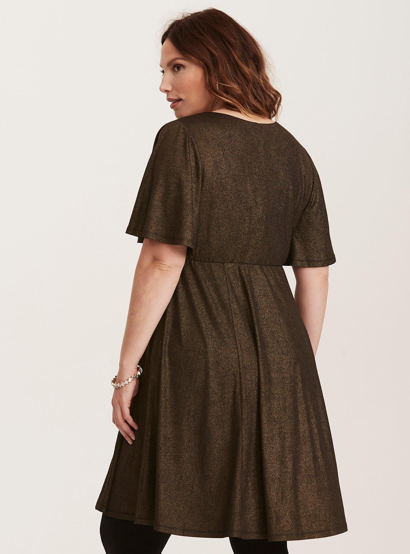 Plus Size Gold Shimmer V-Neck Skater Dress, DEEP BLACK, alternate