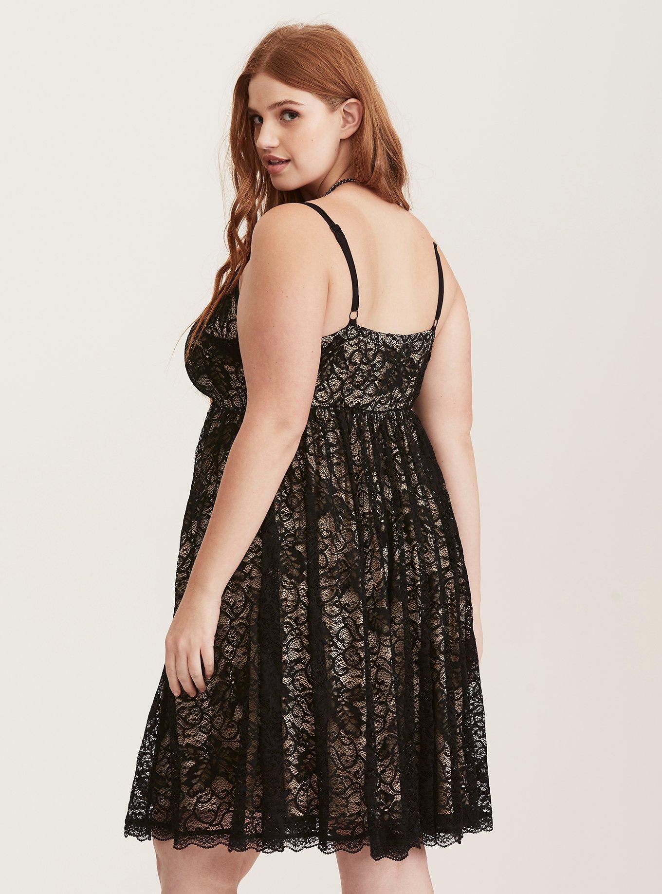 Plus Size Black Lace Surplice Skater Dress, DEEP BLACK, alternate
