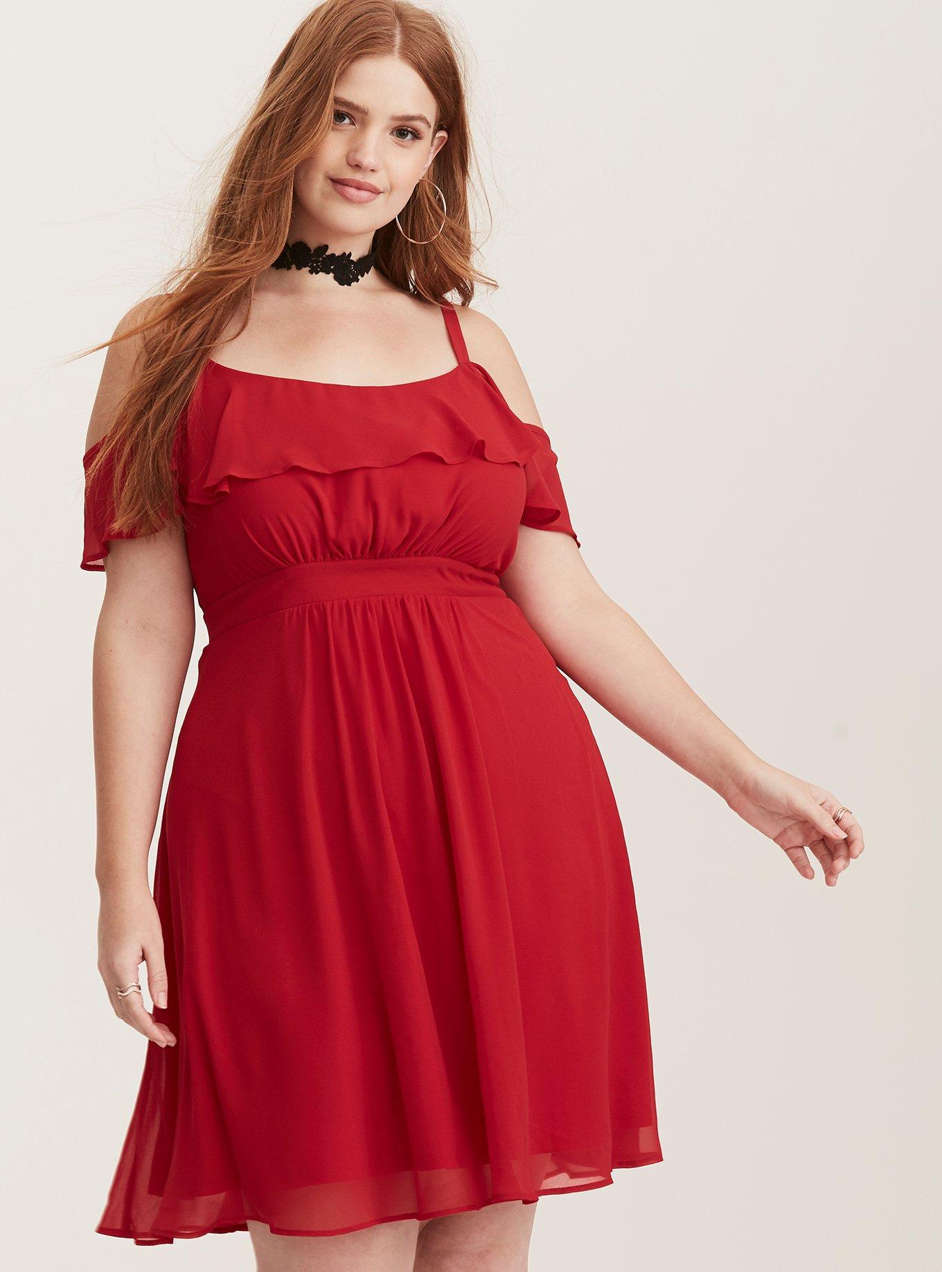 Plus Size - Red Chiffon Ruffled Cold Shoulder Skater Dress - Torrid