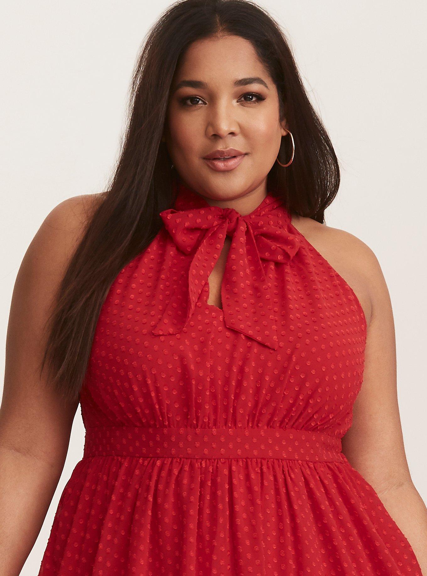Plus Size Retro Chic Red Textured Dot Chiffon Dress Torrid