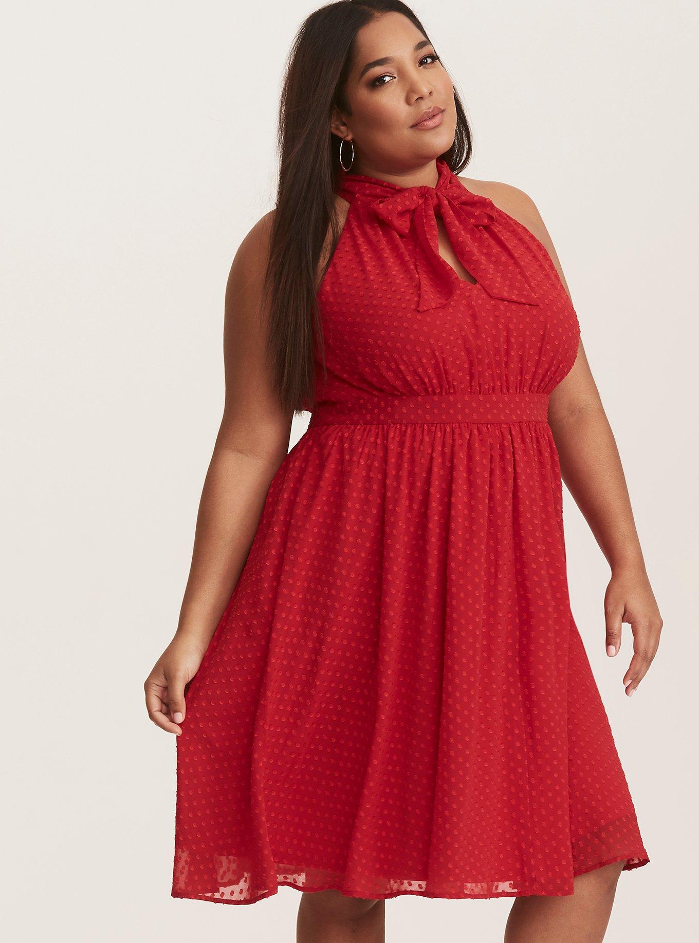 Plus Size Retro Chic Red Textured Dot Chiffon Dress Torrid