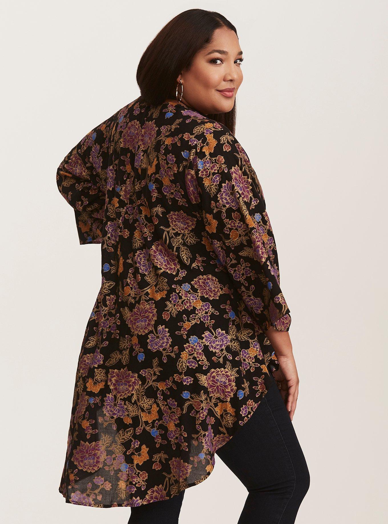 Vintage Floral Print Shirttail Flowy Kimono, MOODY VIGS, alternate