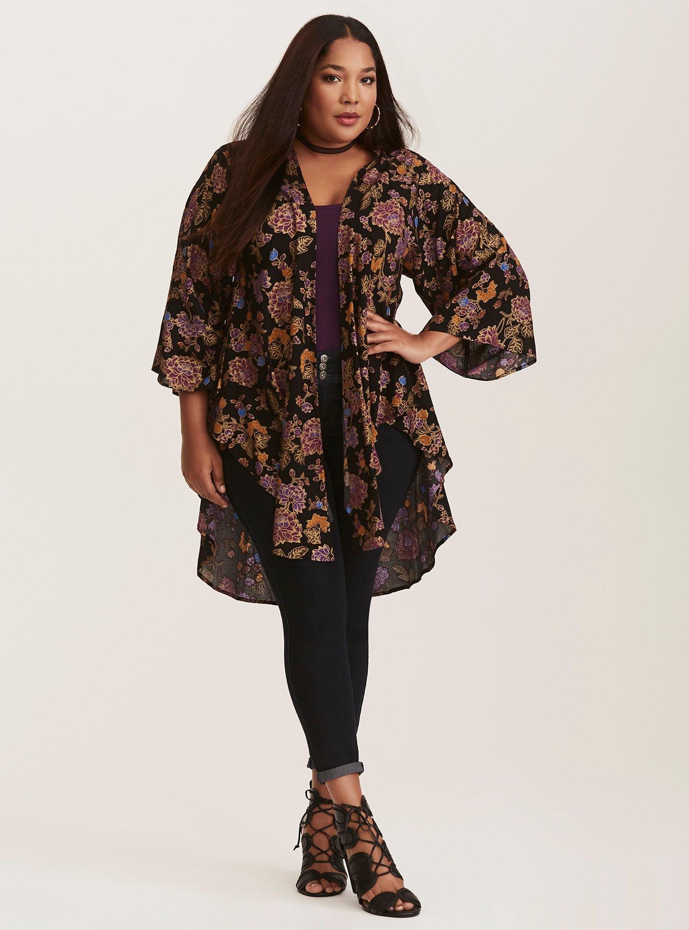 Vintage Floral Print Shirttail Flowy Kimono, MOODY VIGS, hi-res