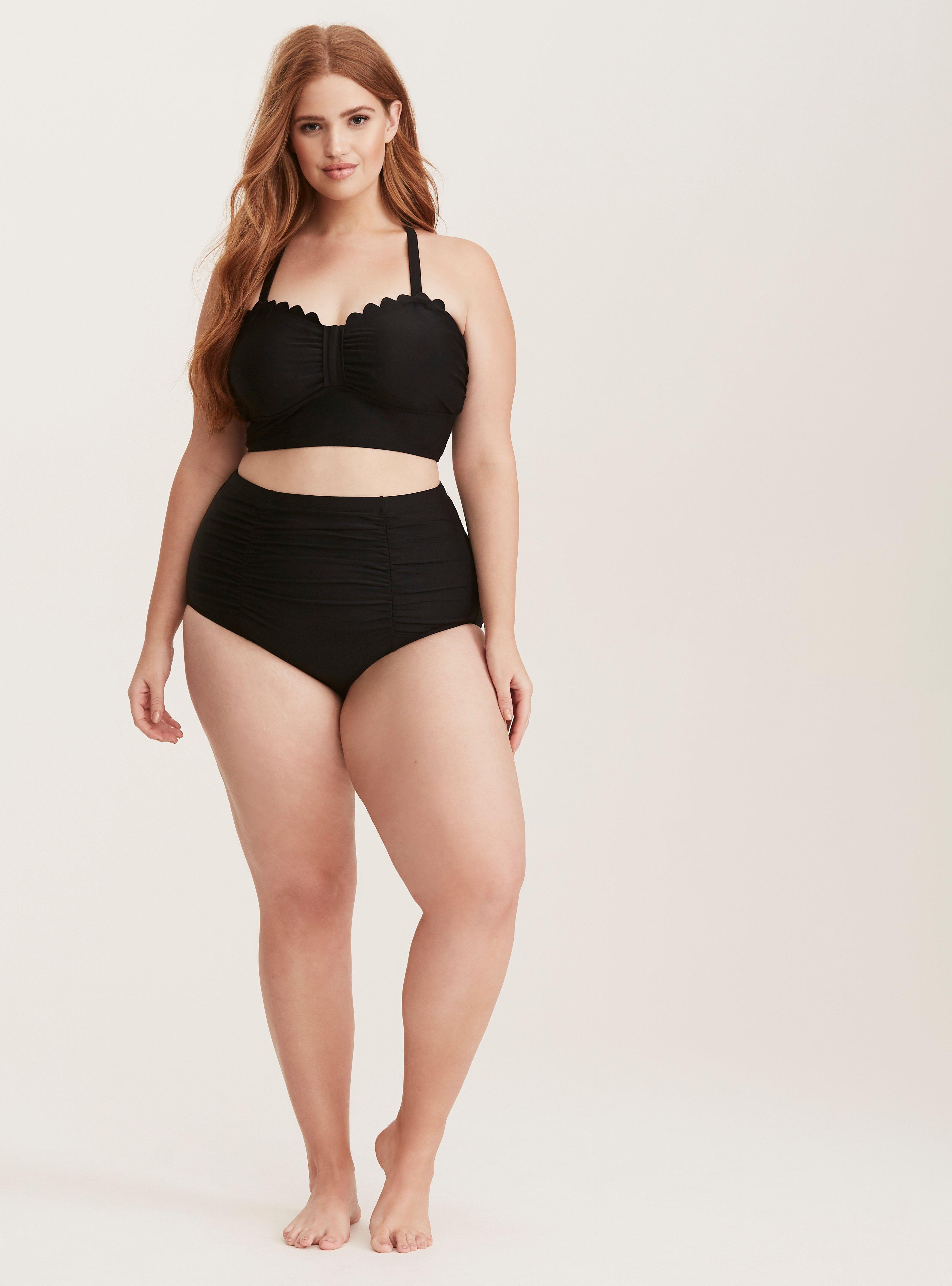 Black plus size scalloped detail high waist bikini swimsuit women swimwear  