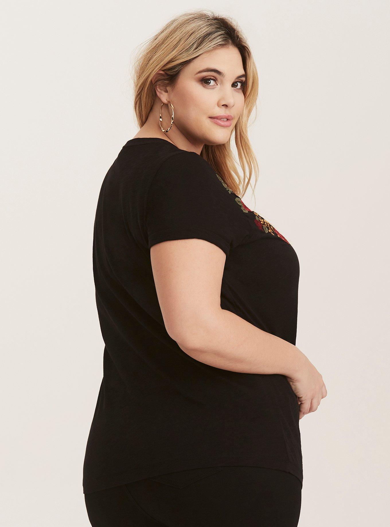 Plus Size Black Embroidered Roses Tee, NONEC, alternate