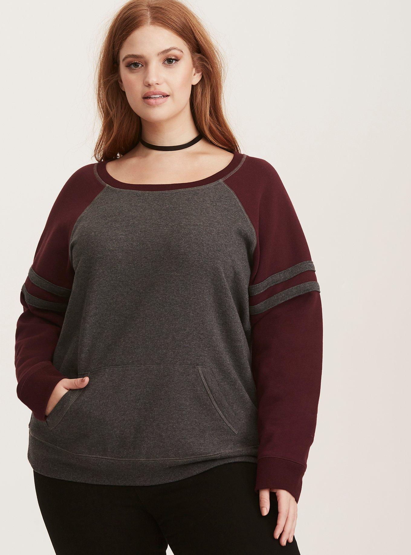 Plus Size Striped Raglan Sweatshirt, GREY, hi-res