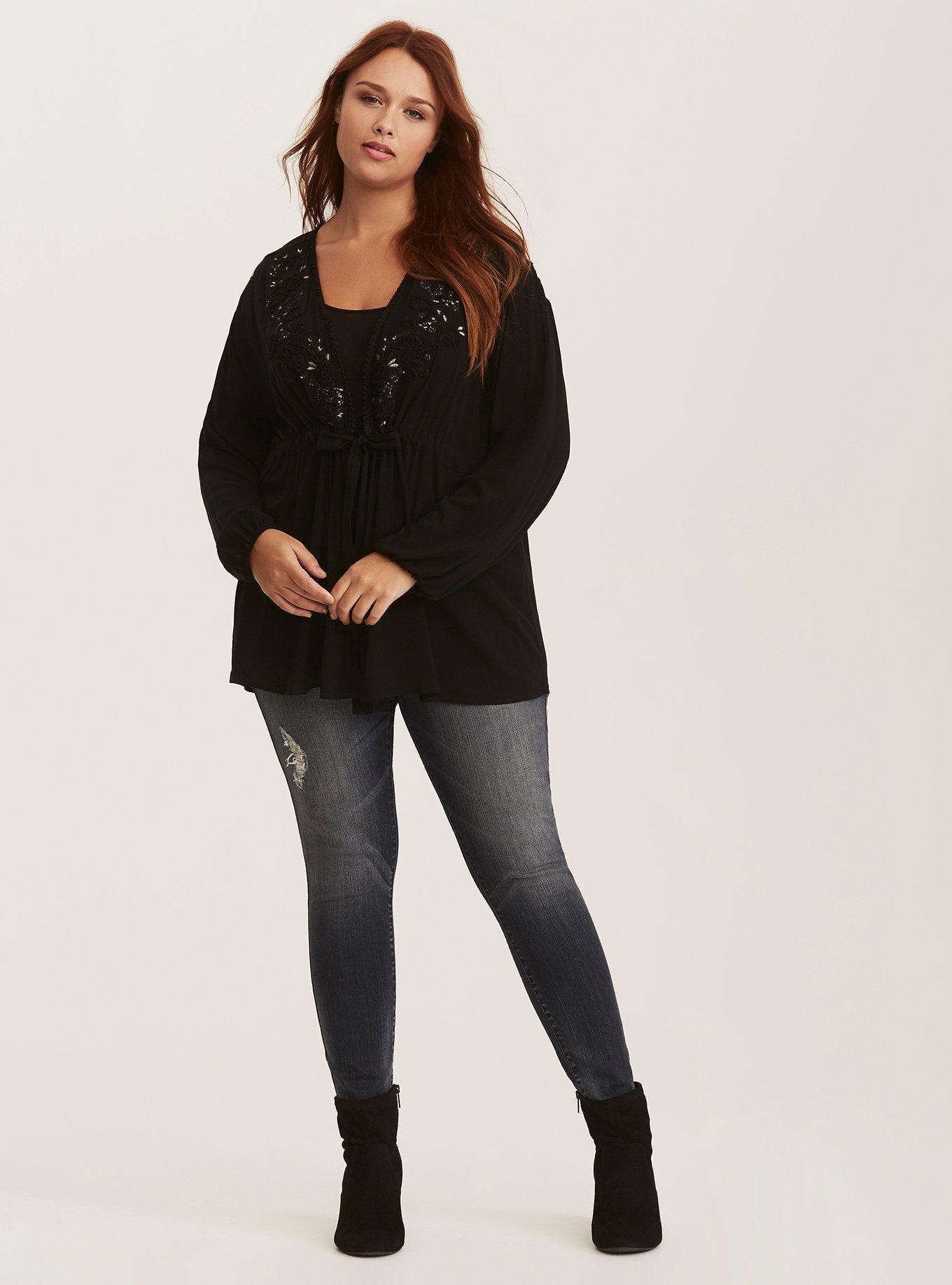 Plus Size Black Embroidered Challis Tie Front Top, DEEP BLACK, alternate
