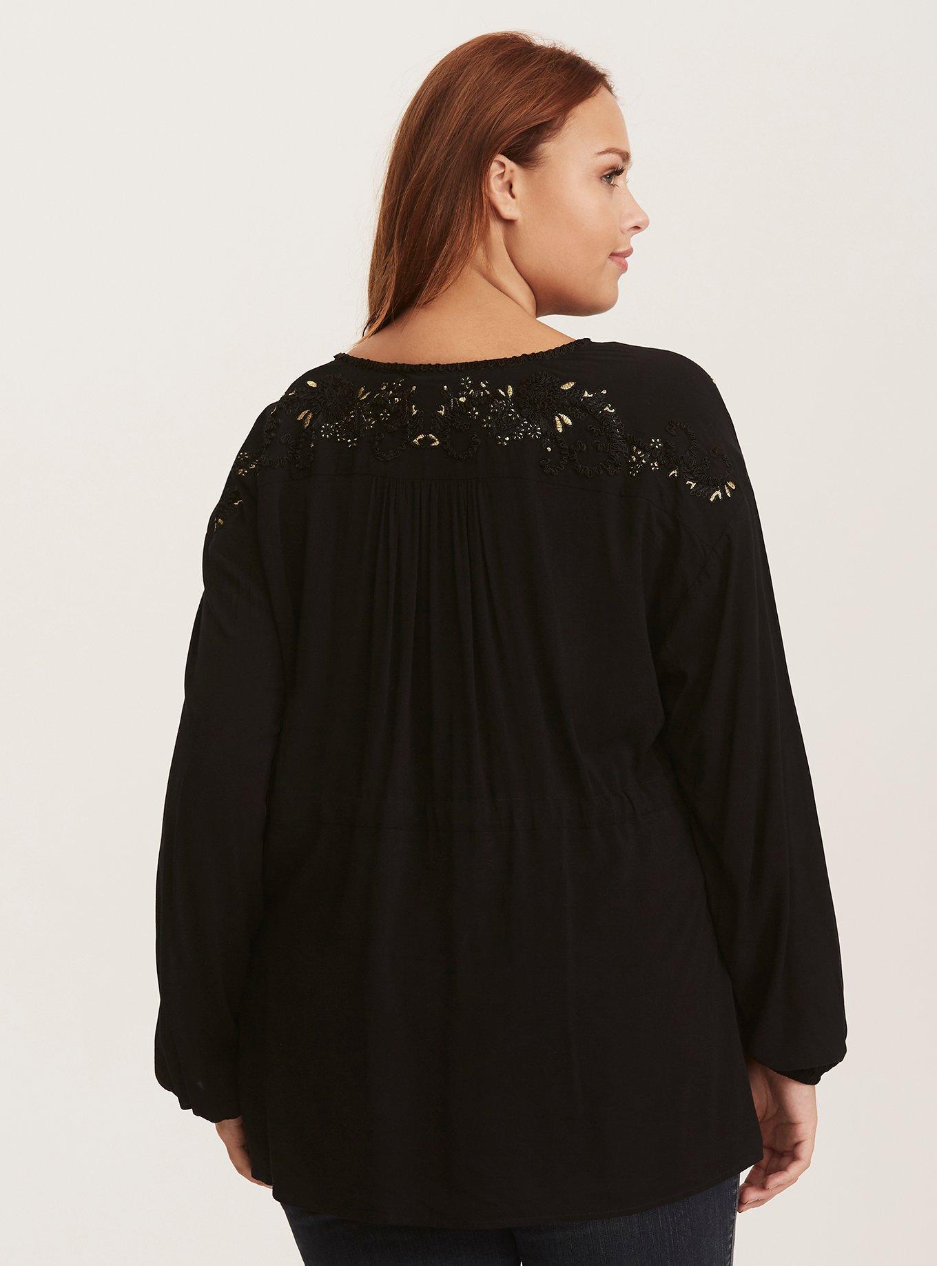 Plus Size Black Embroidered Challis Tie Front Top, DEEP BLACK, alternate
