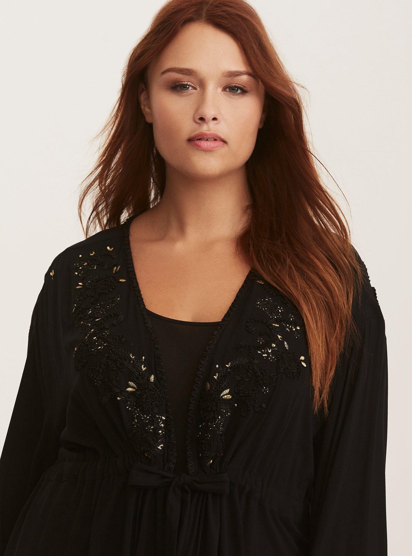 Plus Size Black Embroidered Challis Tie Front Top, DEEP BLACK, alternate