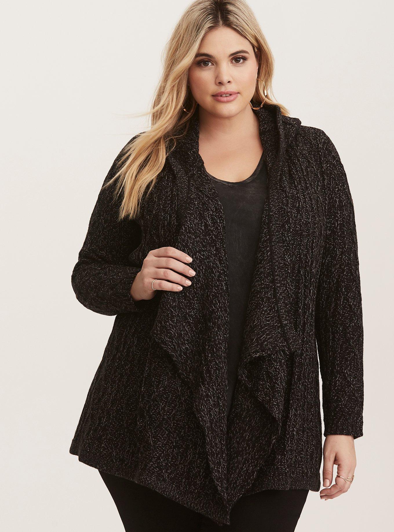 Plus Size Black White Marled Cable Knit Hooded Cardigan Torrid