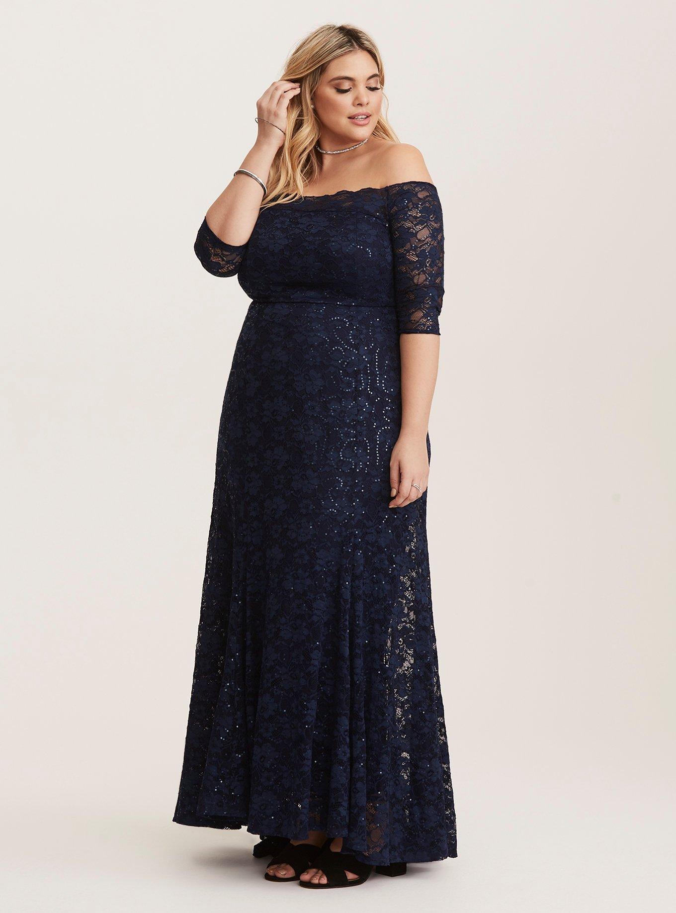 Special Occasion Navy Sequin Lace Off Shoulder Gown, NAVY, alternate