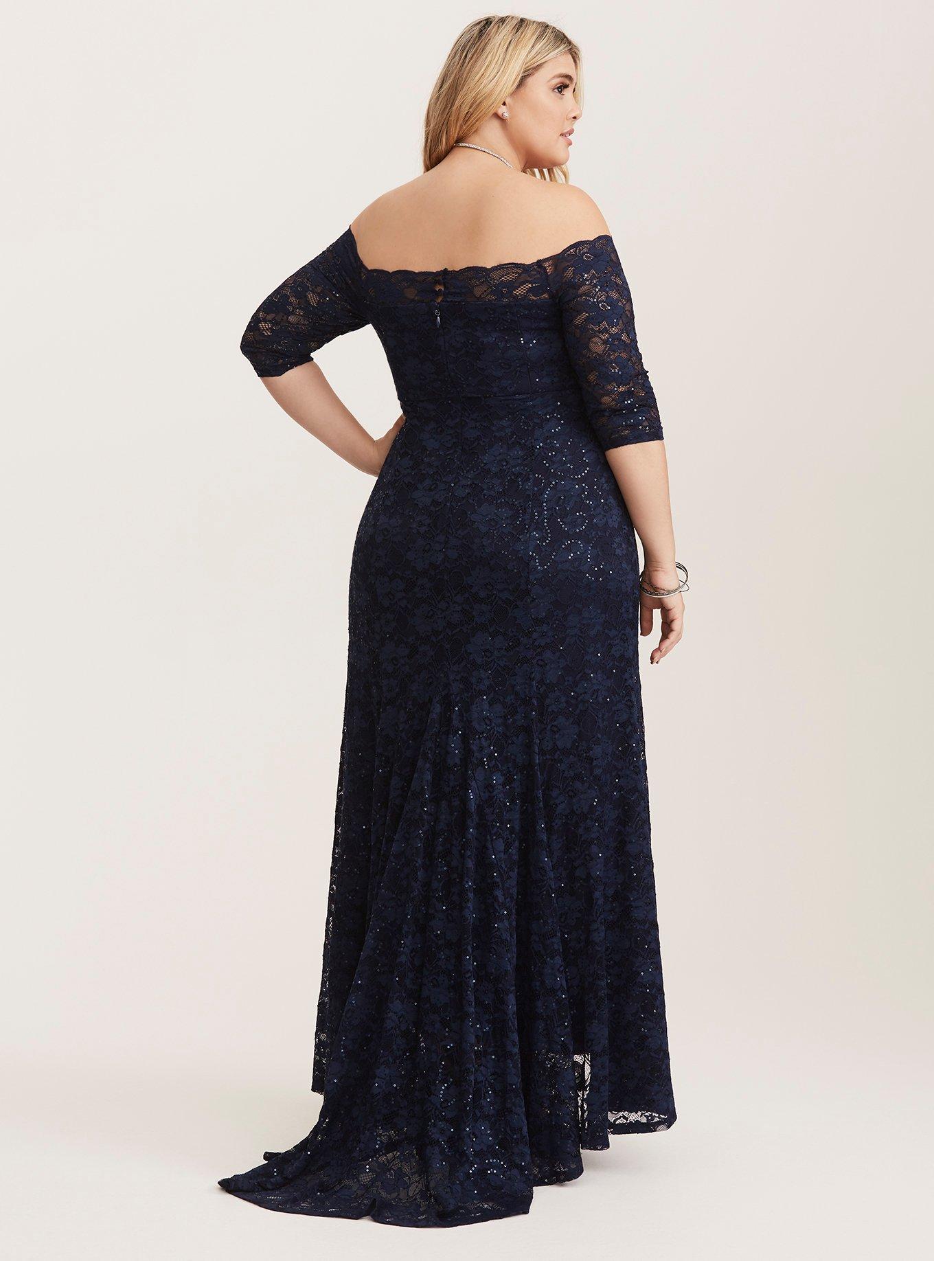 Plus Size Special Occasion Navy Sequin Lace Off Shoulder Gown