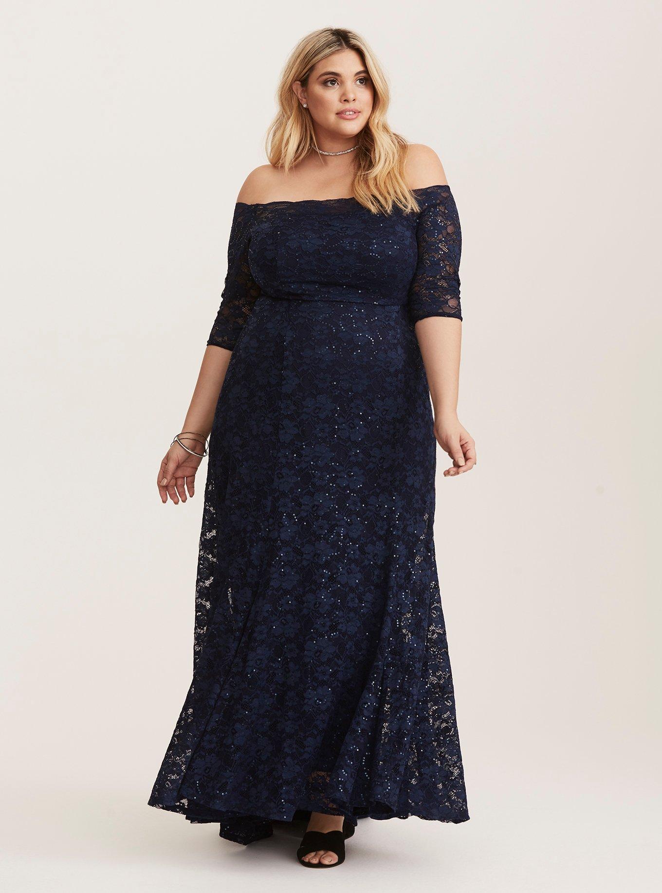 Special Occasion Navy Sequin Lace Off Shoulder Gown, , hi-res