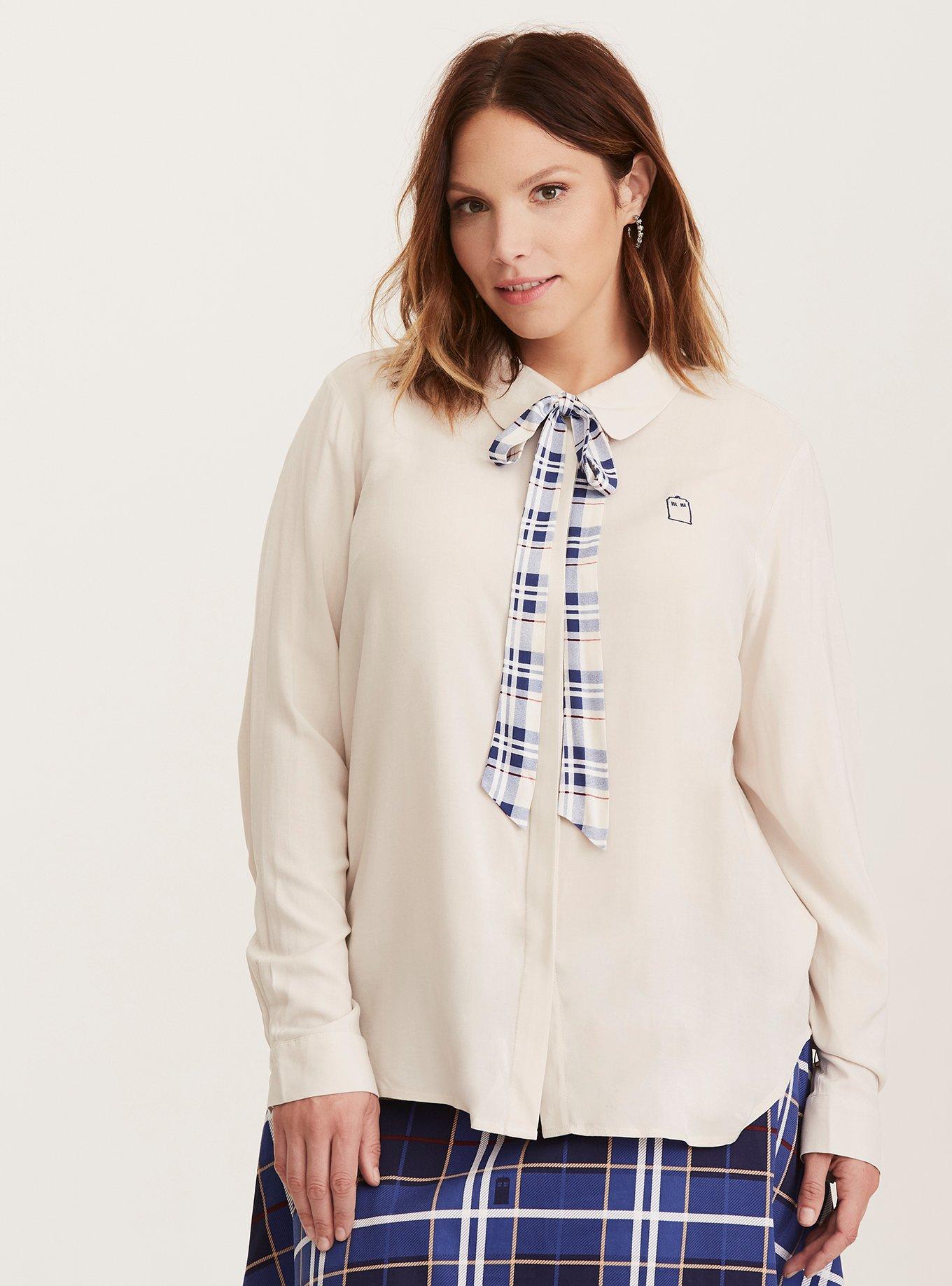 Plus Size Her Universe Doctor Who Plaid Tie Neck Blouse, BRIGHT WHITE, alternate