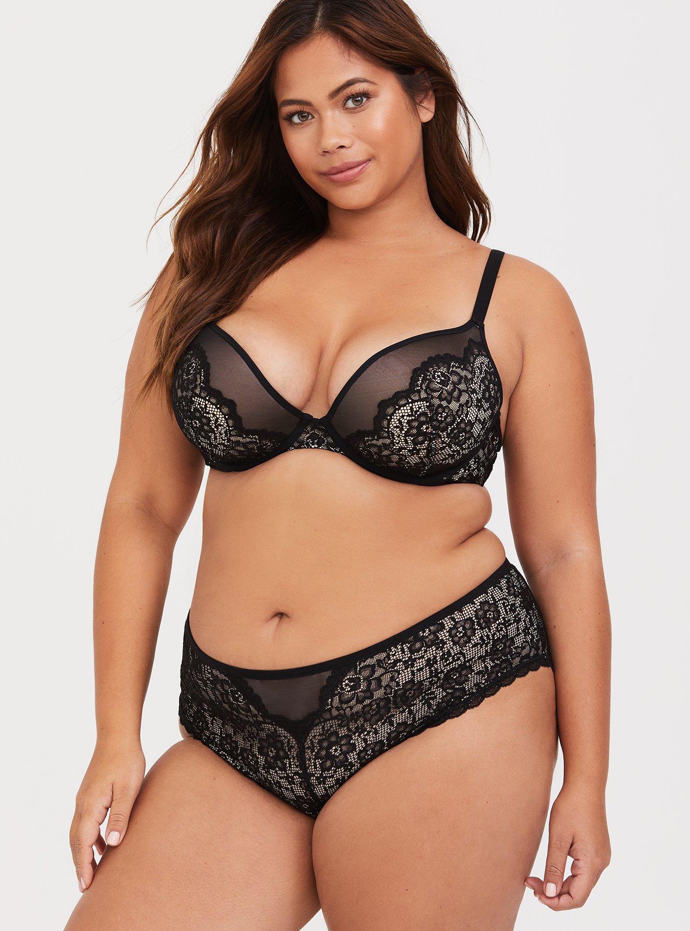 Plus Size Black Lace & Mesh Hipster Panty, RICH BLACK, alternate