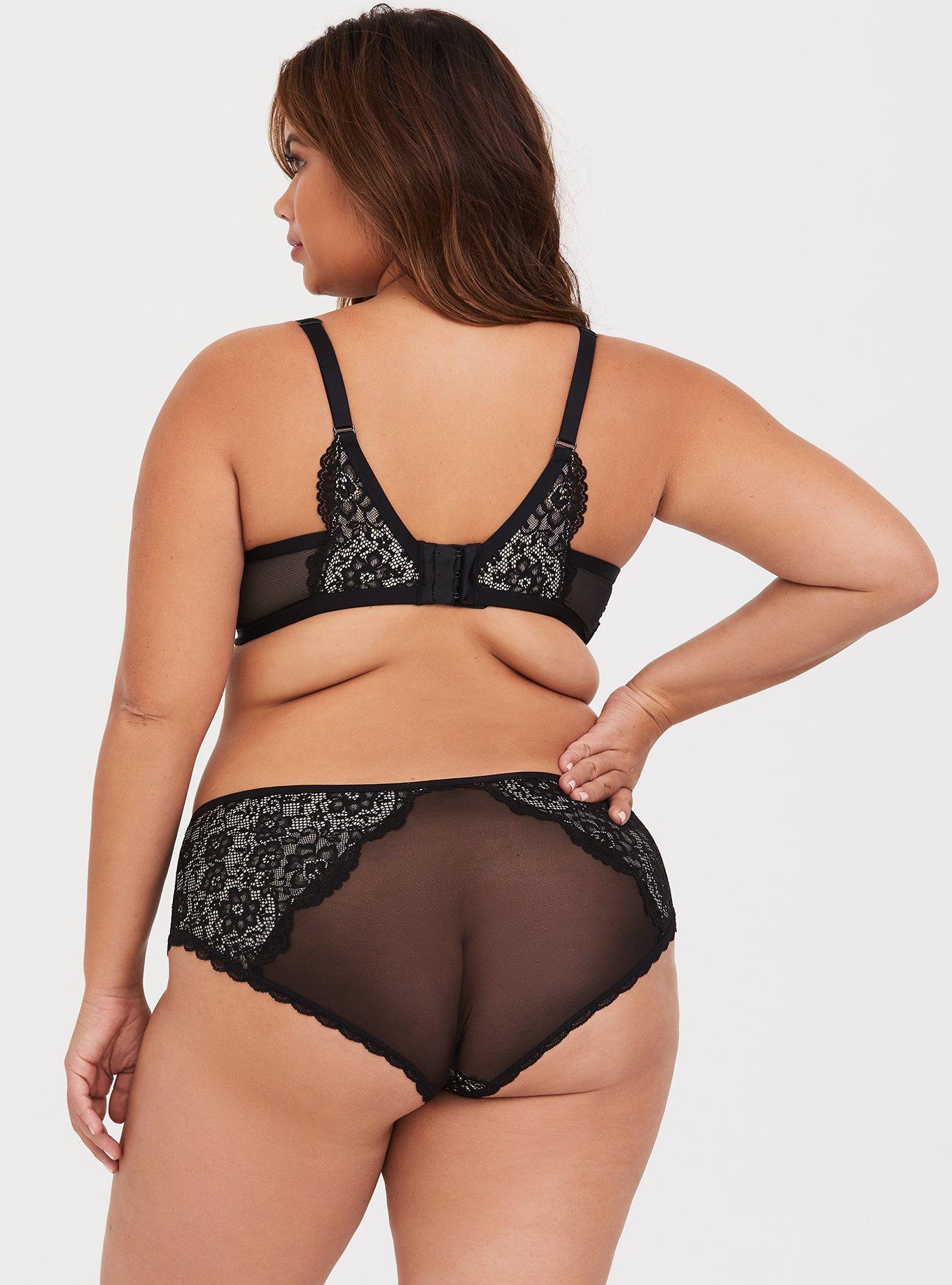 Plus Size Black Lace & Mesh Hipster Panty, RICH BLACK, alternate