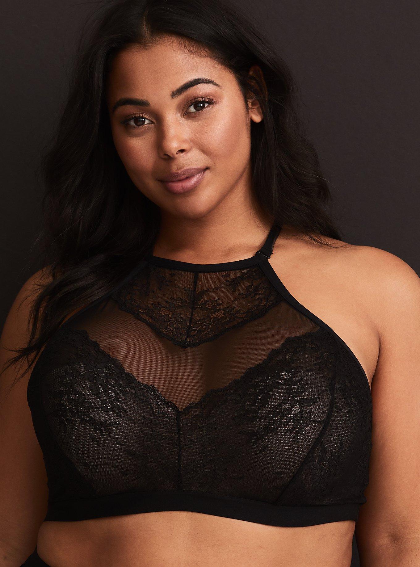 Plus Size - Black Lace & Mesh High Neck Bralette - Torrid