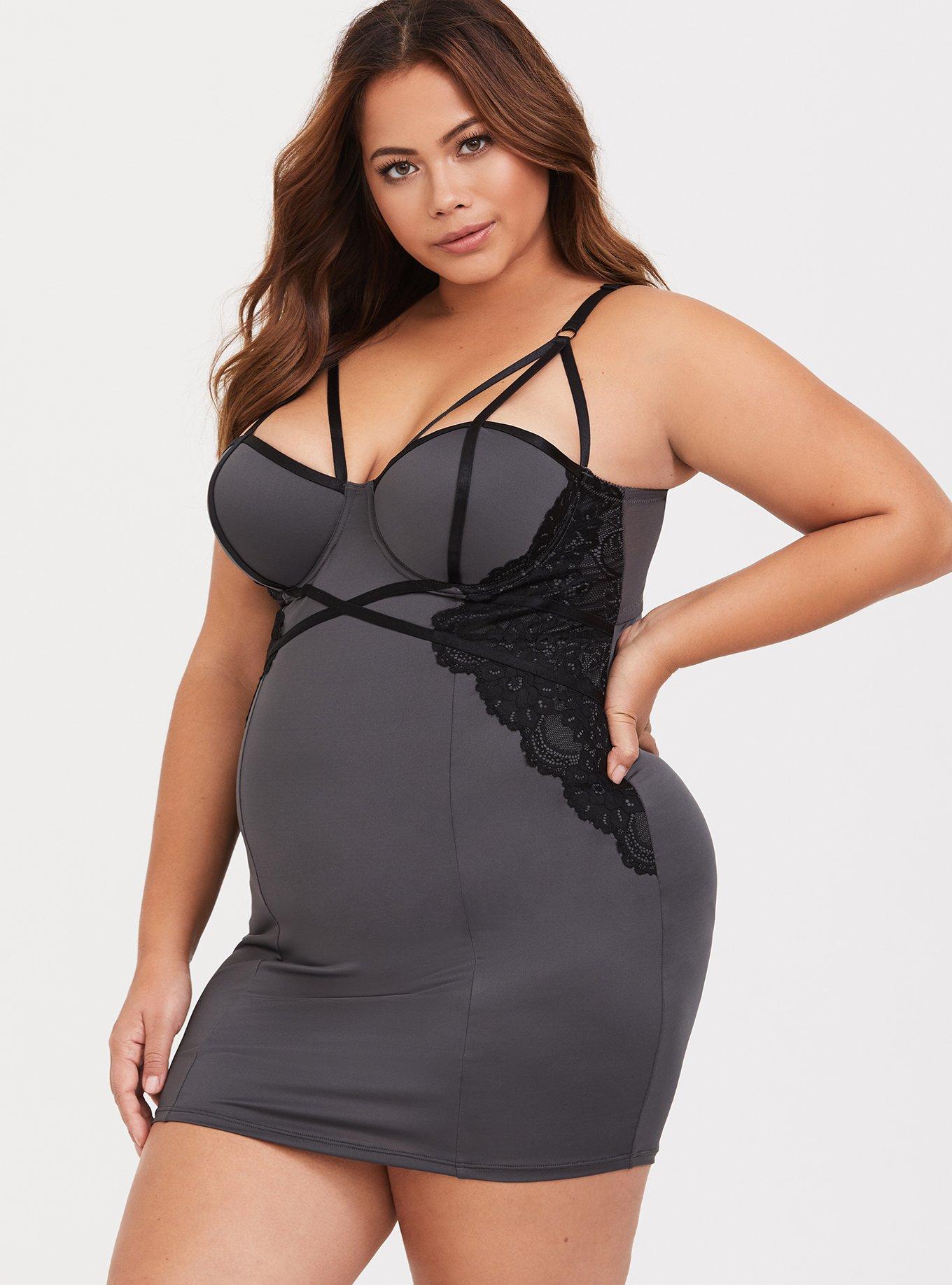Grey Microfiber & Lace Strappy Underwire Chemise, MAGNET, alternate