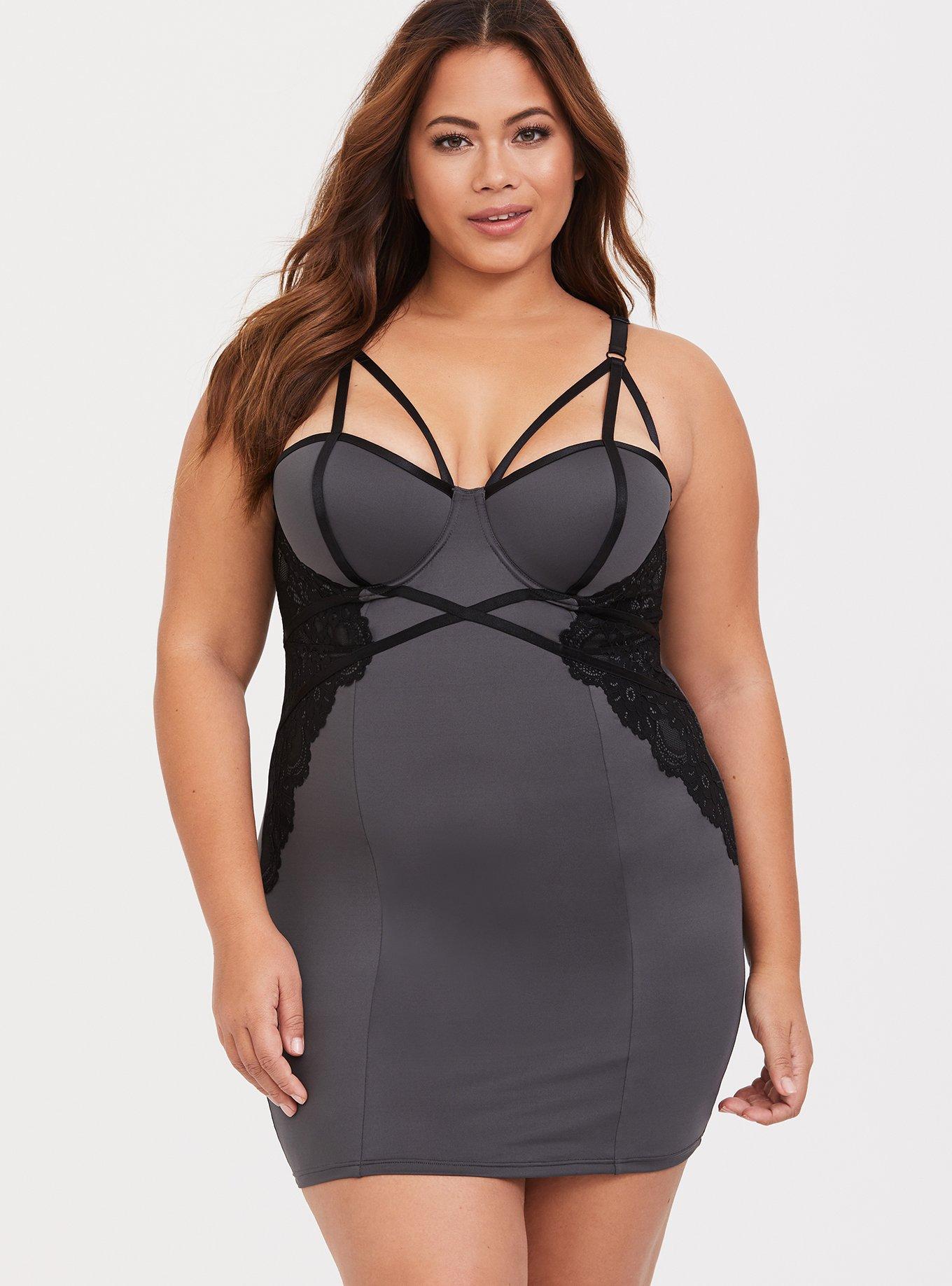 Grey Microfiber & Lace Strappy Underwire Chemise, MAGNET, hi-res