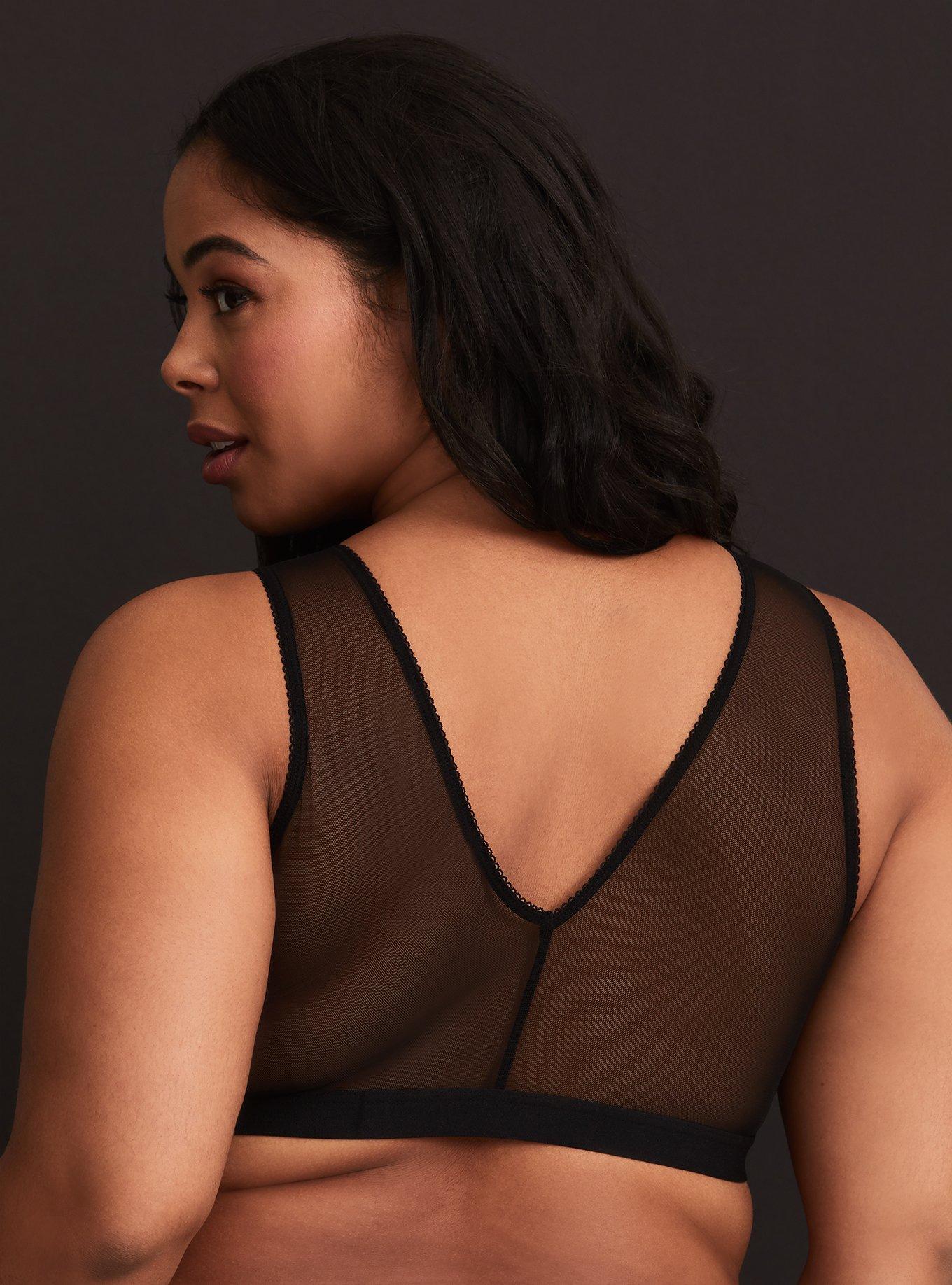 Plus Size Black Mesh & Lace Surplice Keyhole Bralette, RICH BLACK, alternate