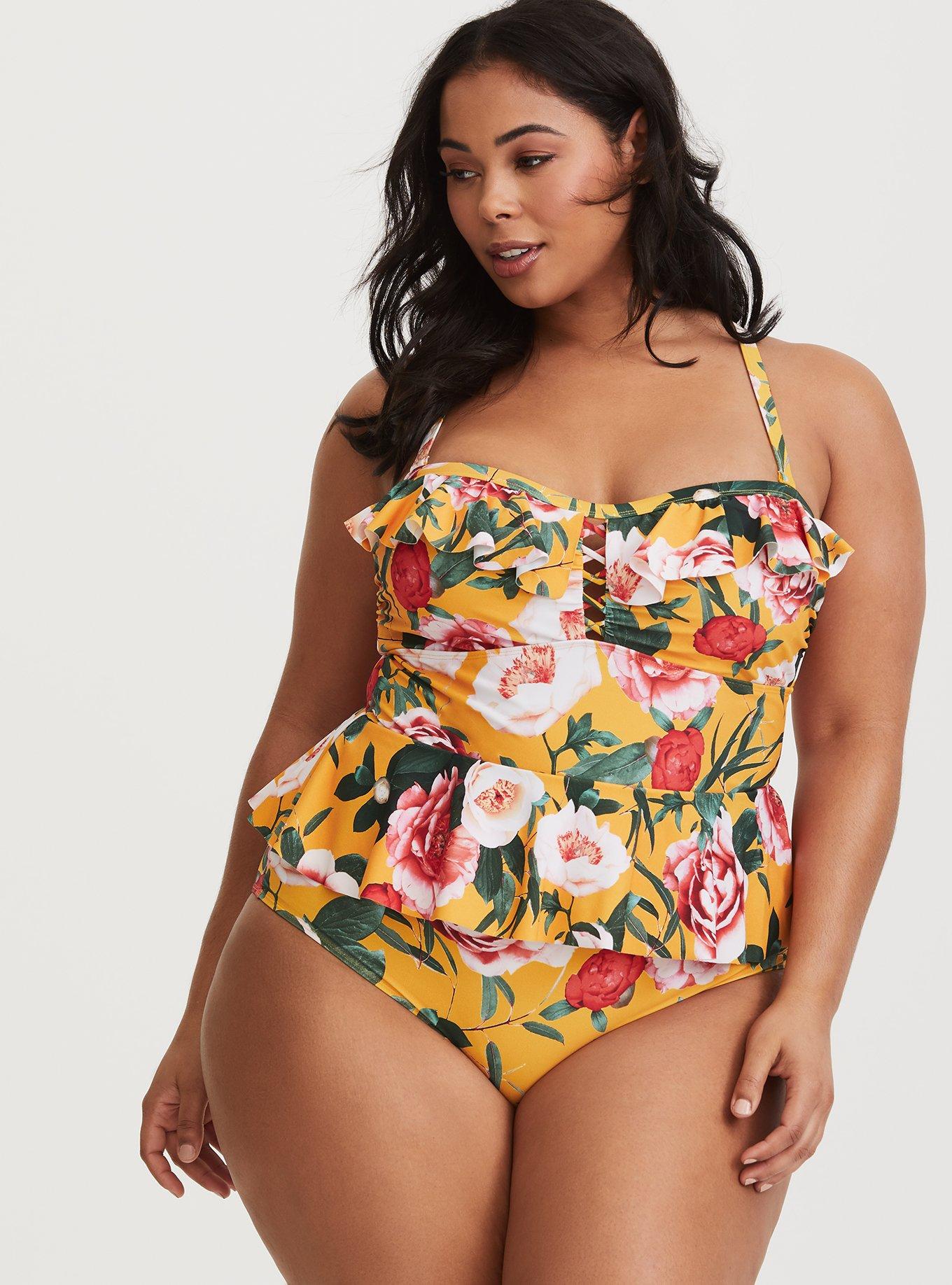 Plus Size - Wireless Lattice Front Peplum One Piece Swimsuit - Torrid