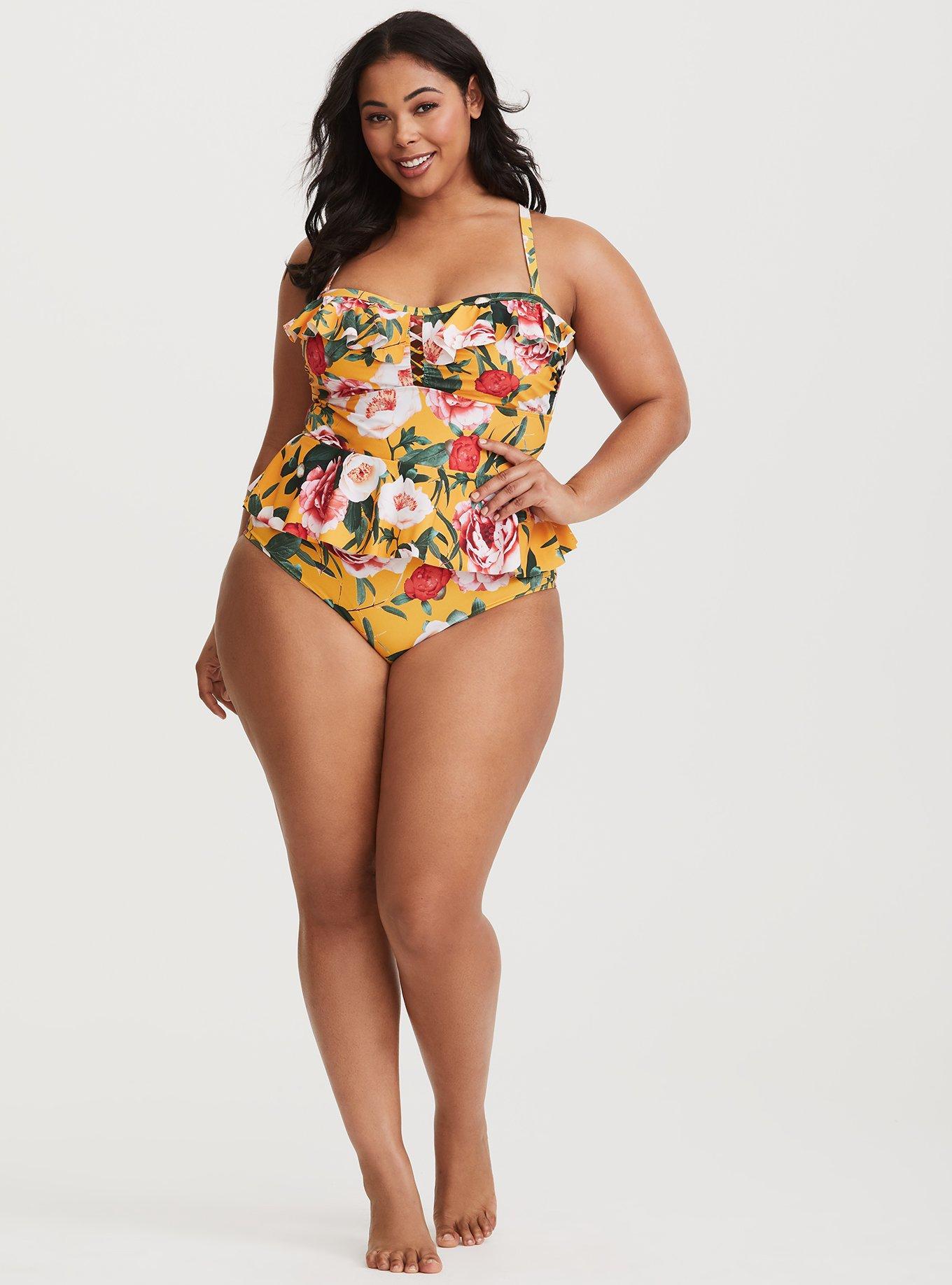 Plus Size - Wireless Lattice Front Peplum One Piece Swimsuit - Torrid