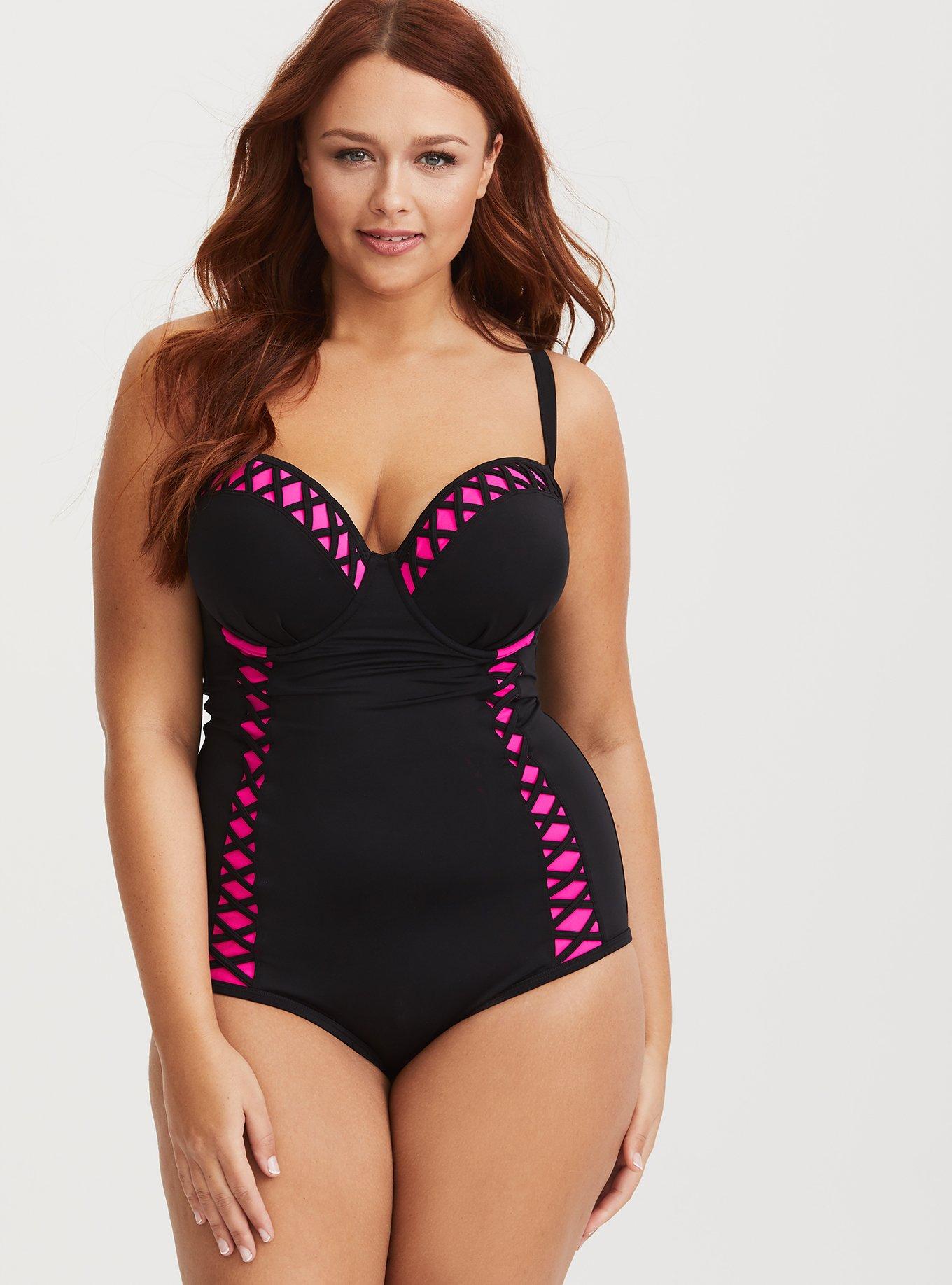 Plus Size - Black Lattice & Pink Peekaboo Push-Up Demi Swimsuit - Torrid