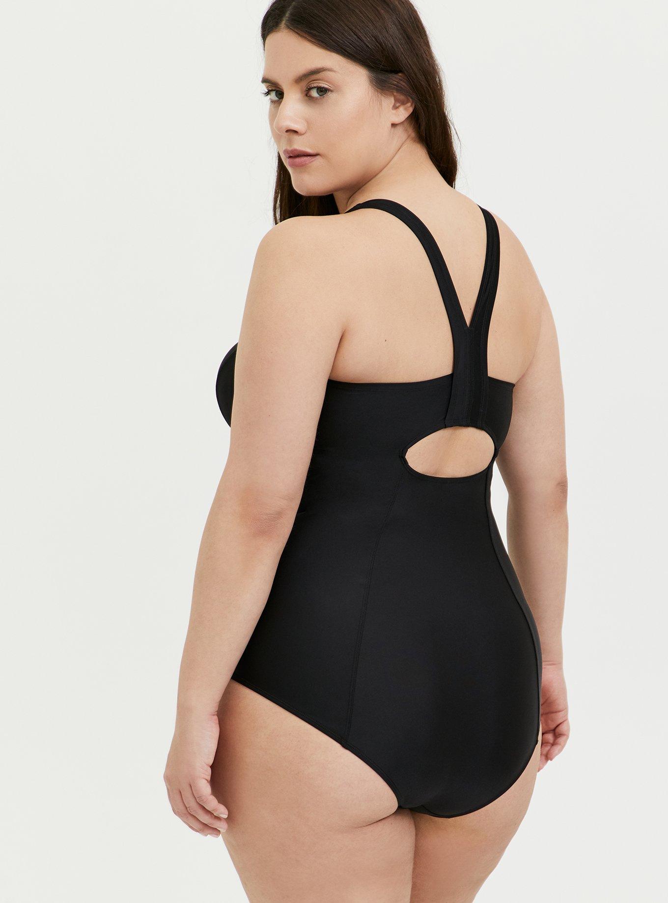 Plus Size Active Wireless Racerback One Piece Swimsuit, DEEP BLACK, alternate