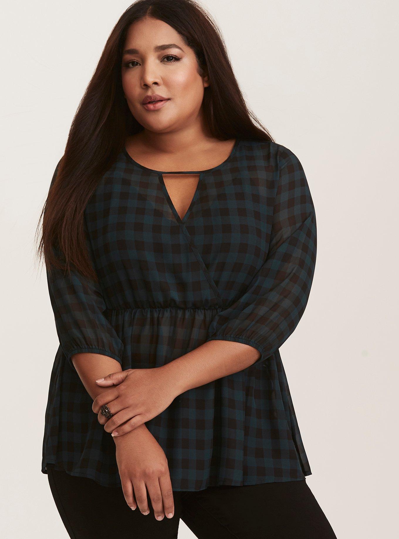 Plus Size Gingham Chiffon Surplice Peplum Blouse, NONEC, alternate