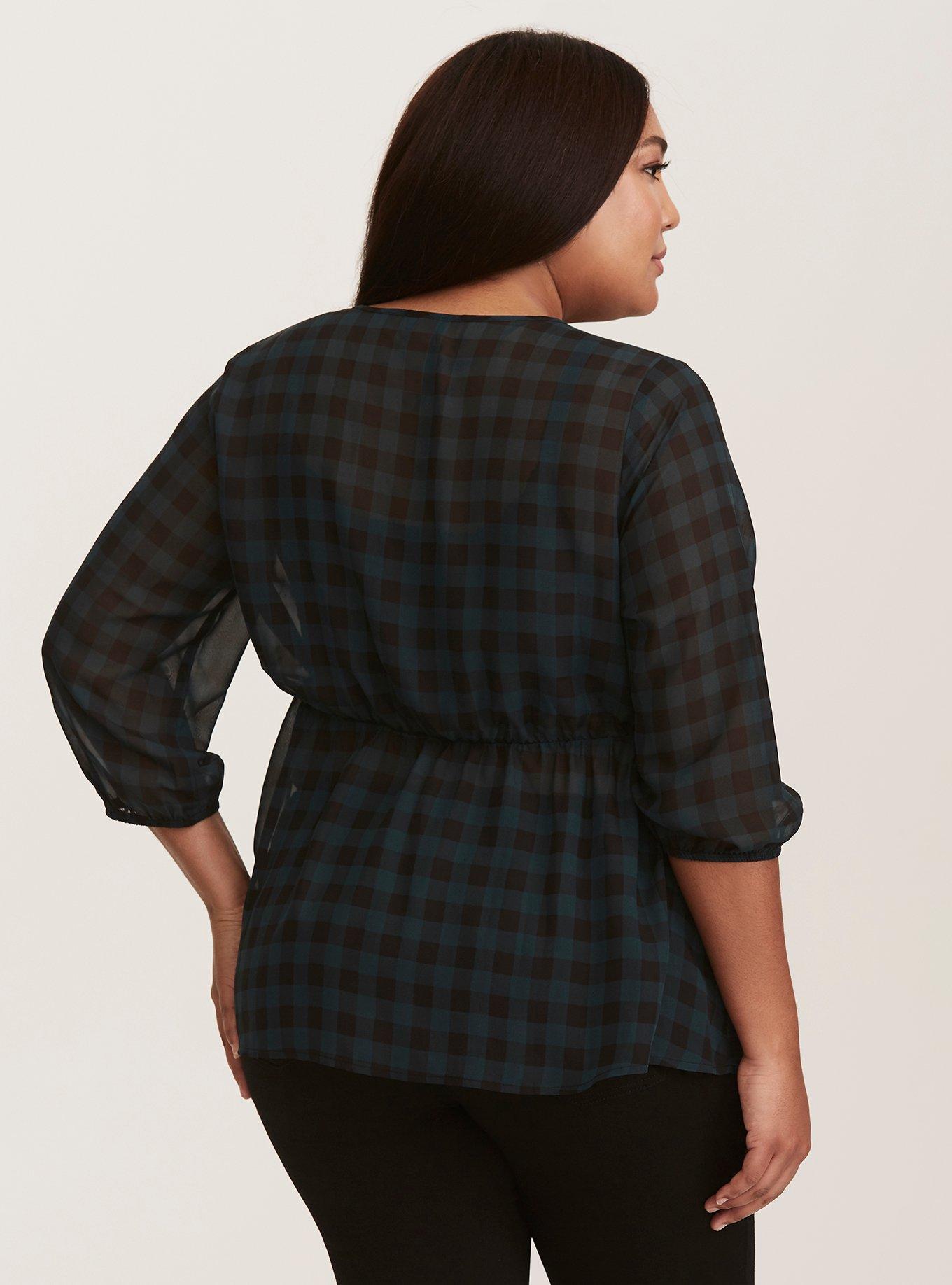 Plus Size Gingham Chiffon Surplice Peplum Blouse, NONEC, alternate