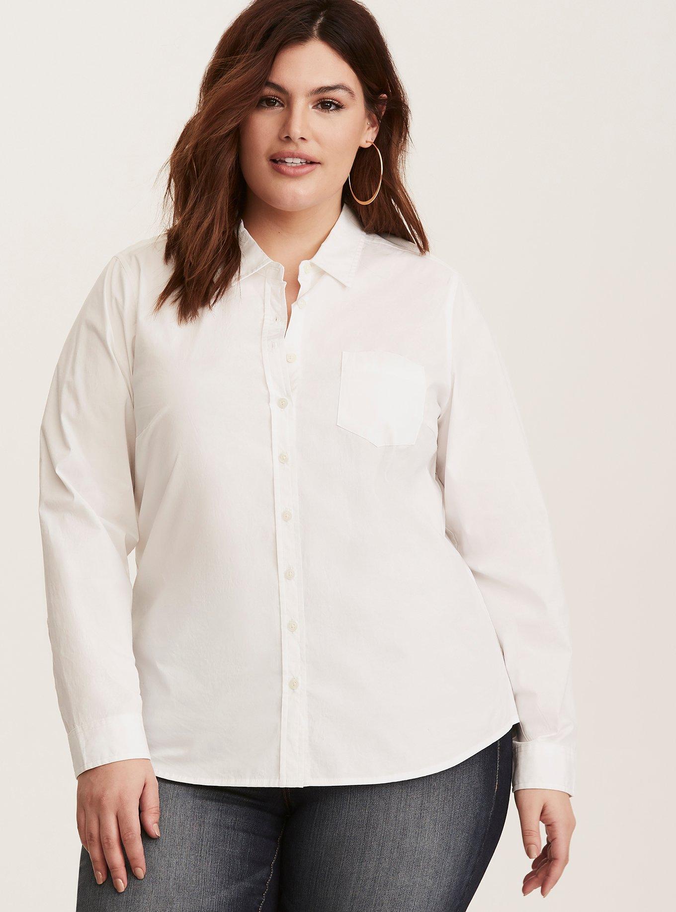 Plus Size White Cotton Button Up Shirt