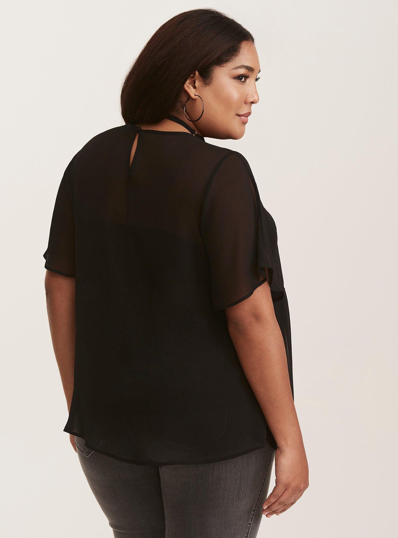 Plus Size Crinkle Chiffon Lace Trim Top, DEEP BLACK, alternate