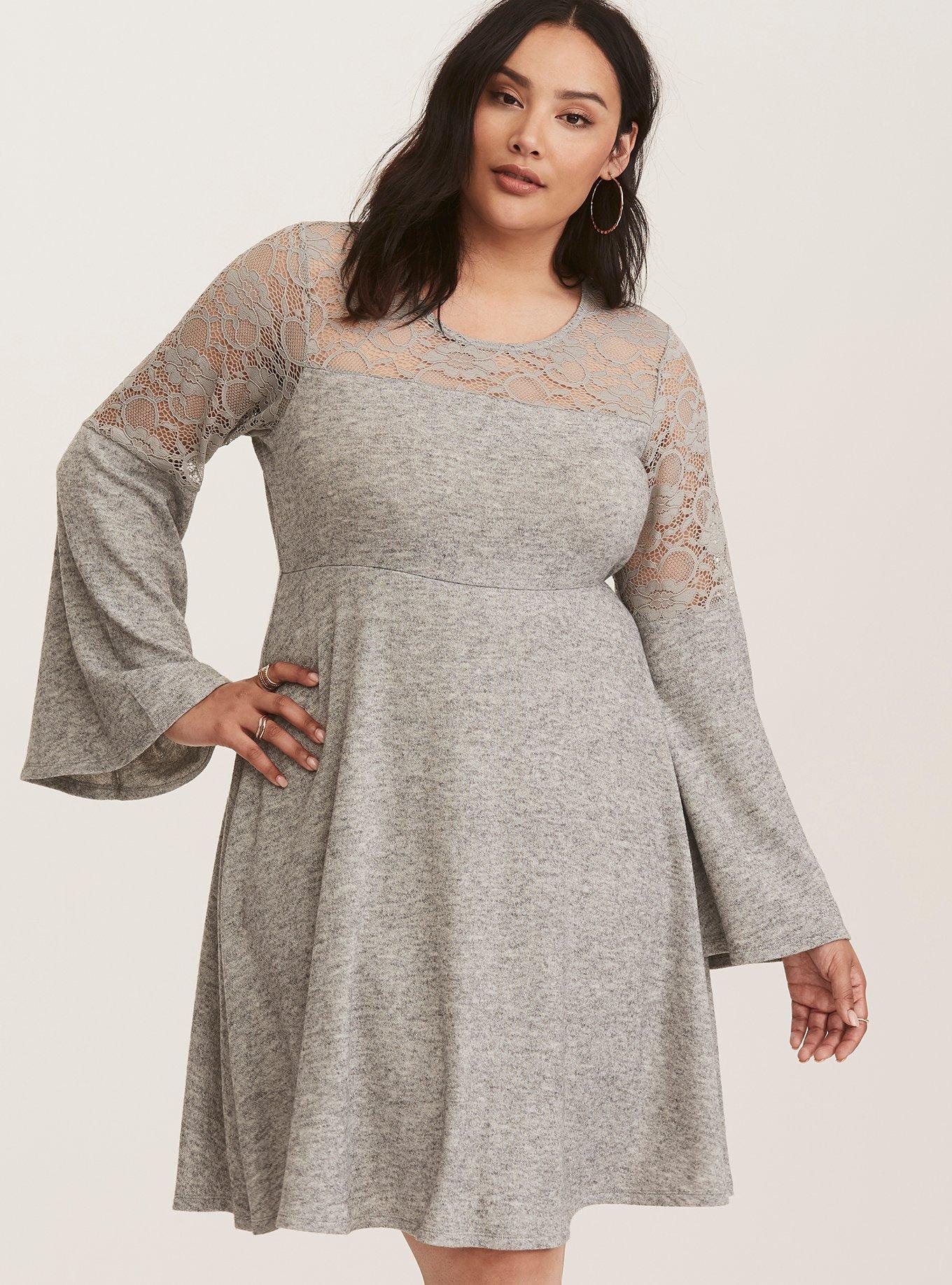 Plus Size - Grey Bell Sleeve Lace Inset Woven Skater Dress - Torrid