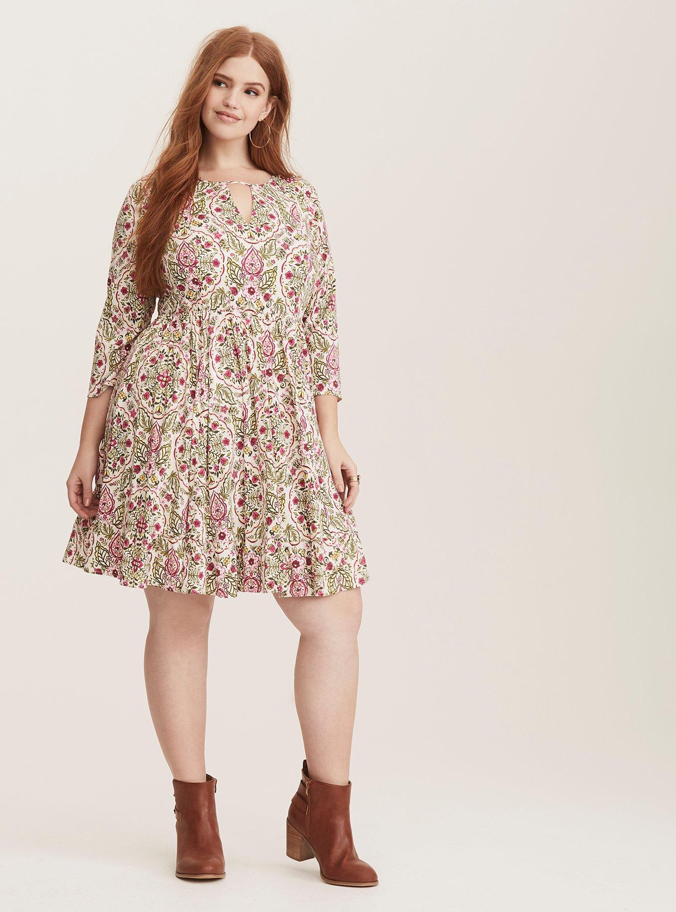 Plus Size - Ivory Floral Print Challis Skater Dress - Torrid